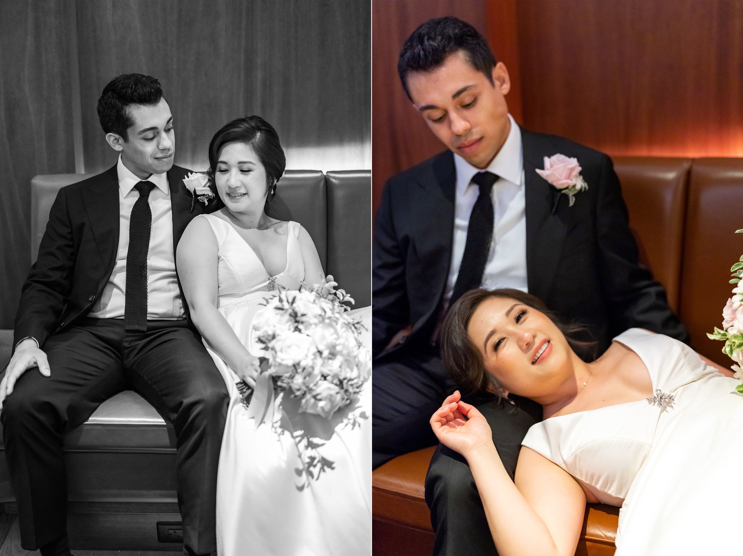 Romantic black and white wedding portrait ideas bride laying in grooms lap