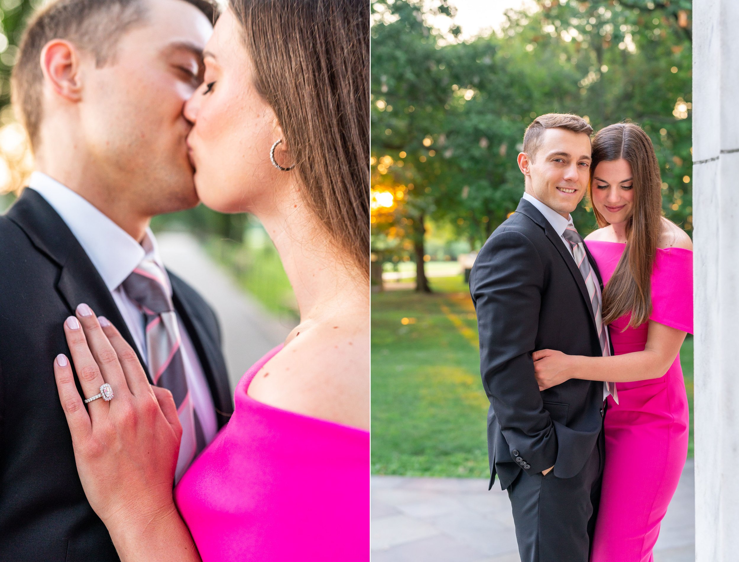 Golden hour and sunrise lighting at the War Memorial in DC engagement photos