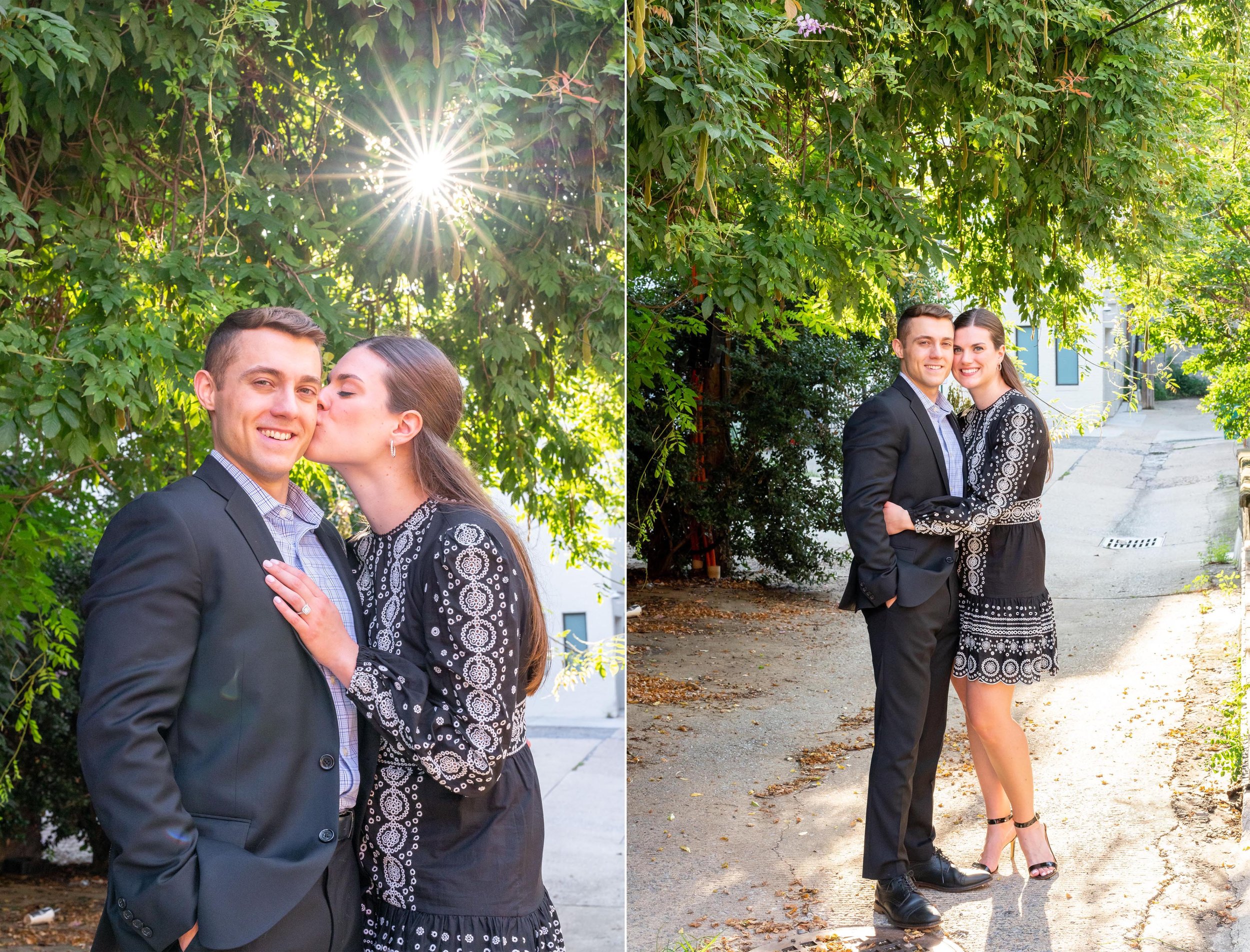 Couple pose for engagement photos in cobblestone alley with ivy walls in Georgetown