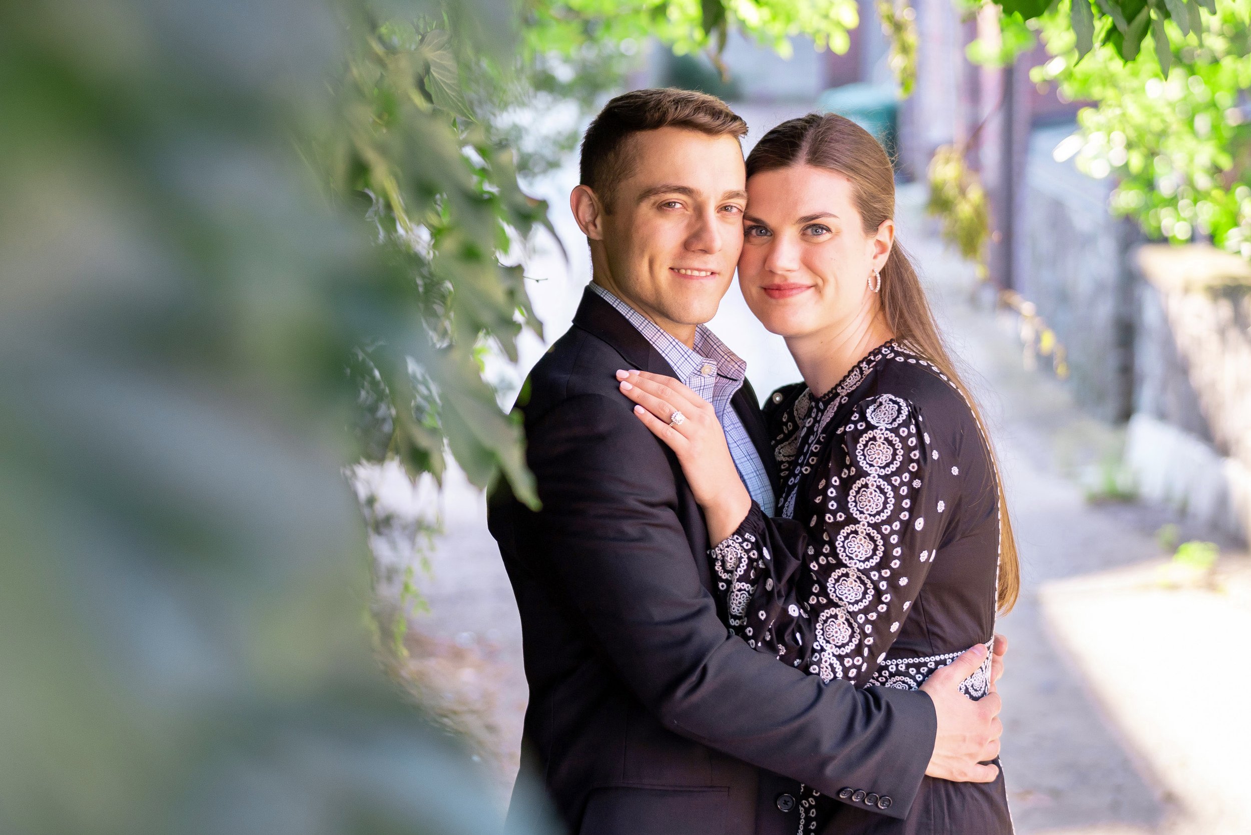 Engagement session at Georgetown DC cobblestone alley with ivy