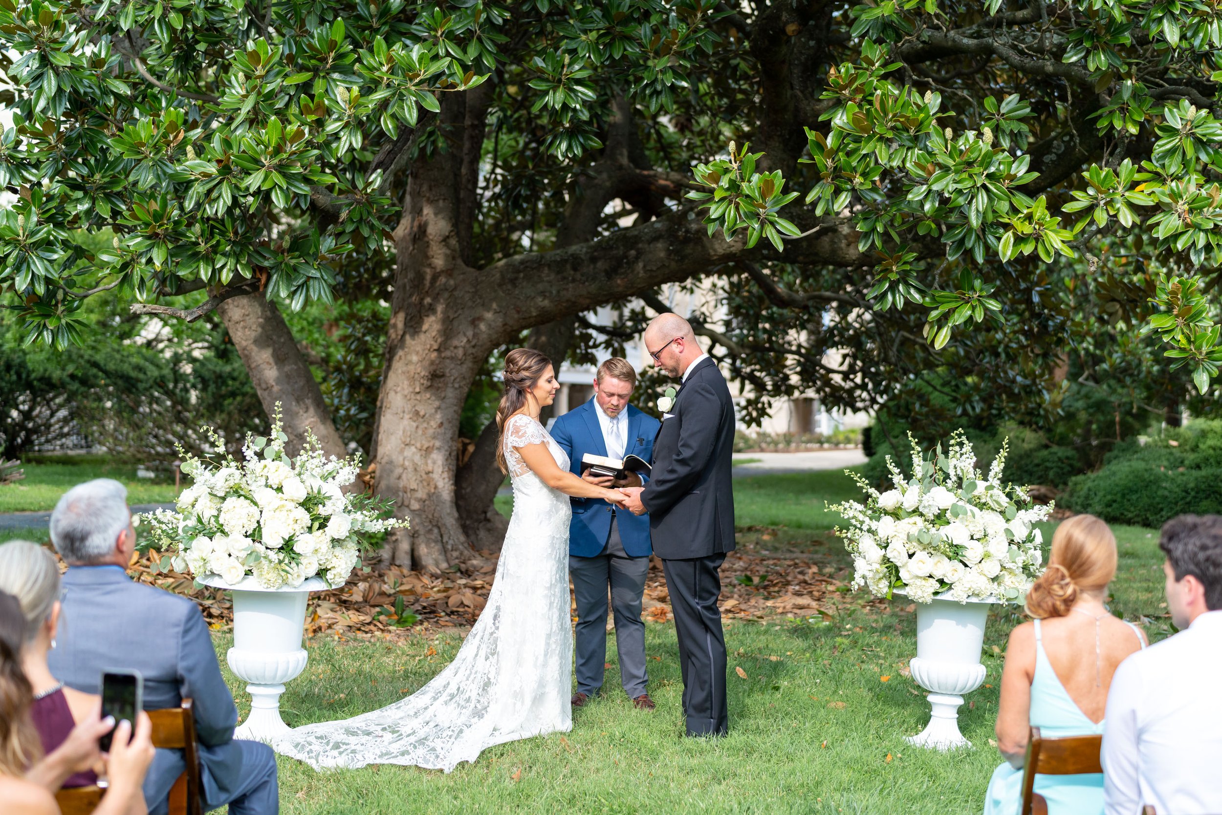 Bride and groom hold hands and repeat their vows under huge magnolia tree in DC