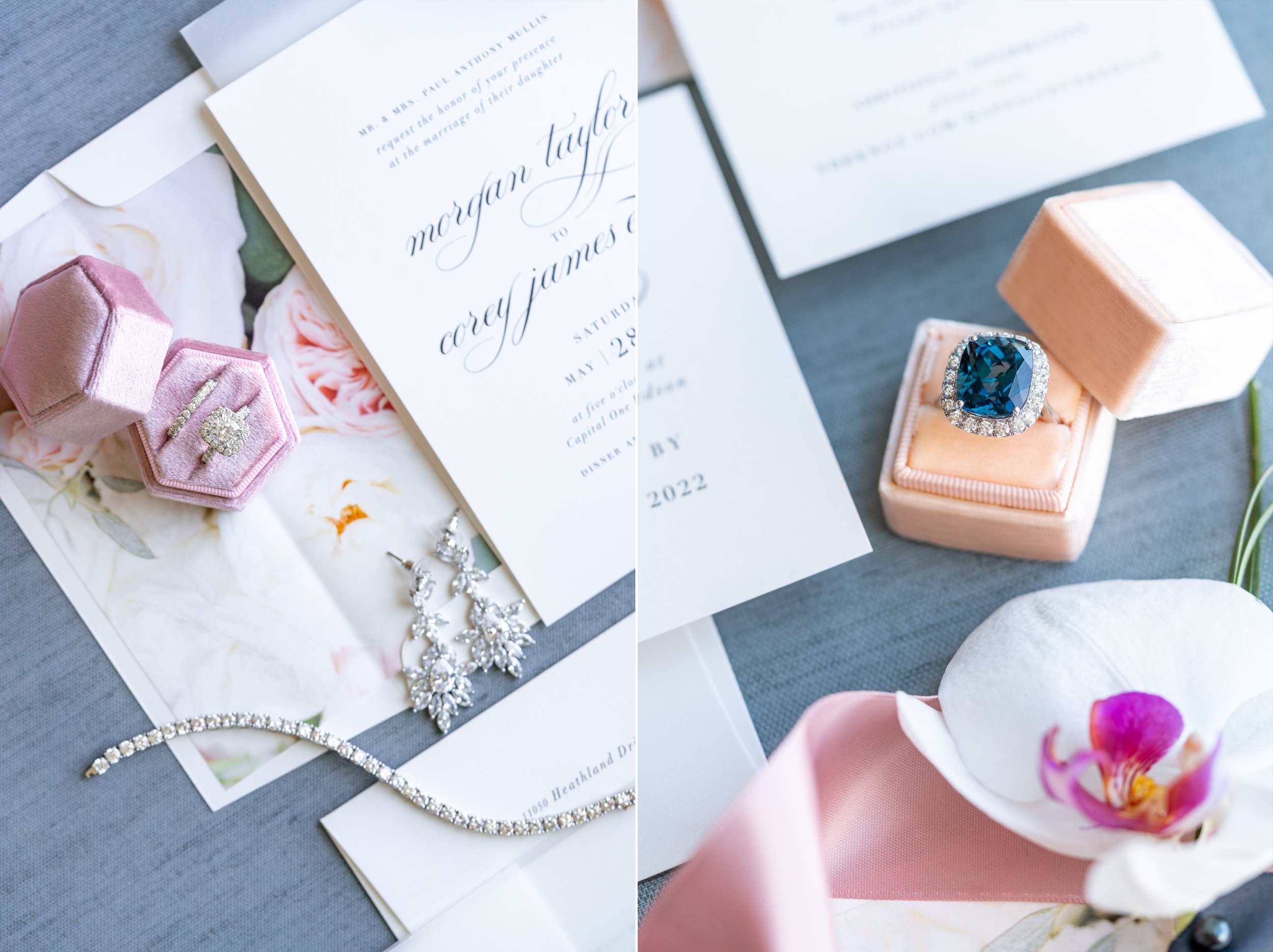 Flat lay photos of blue linen styling board and floral invitations with pink ring box