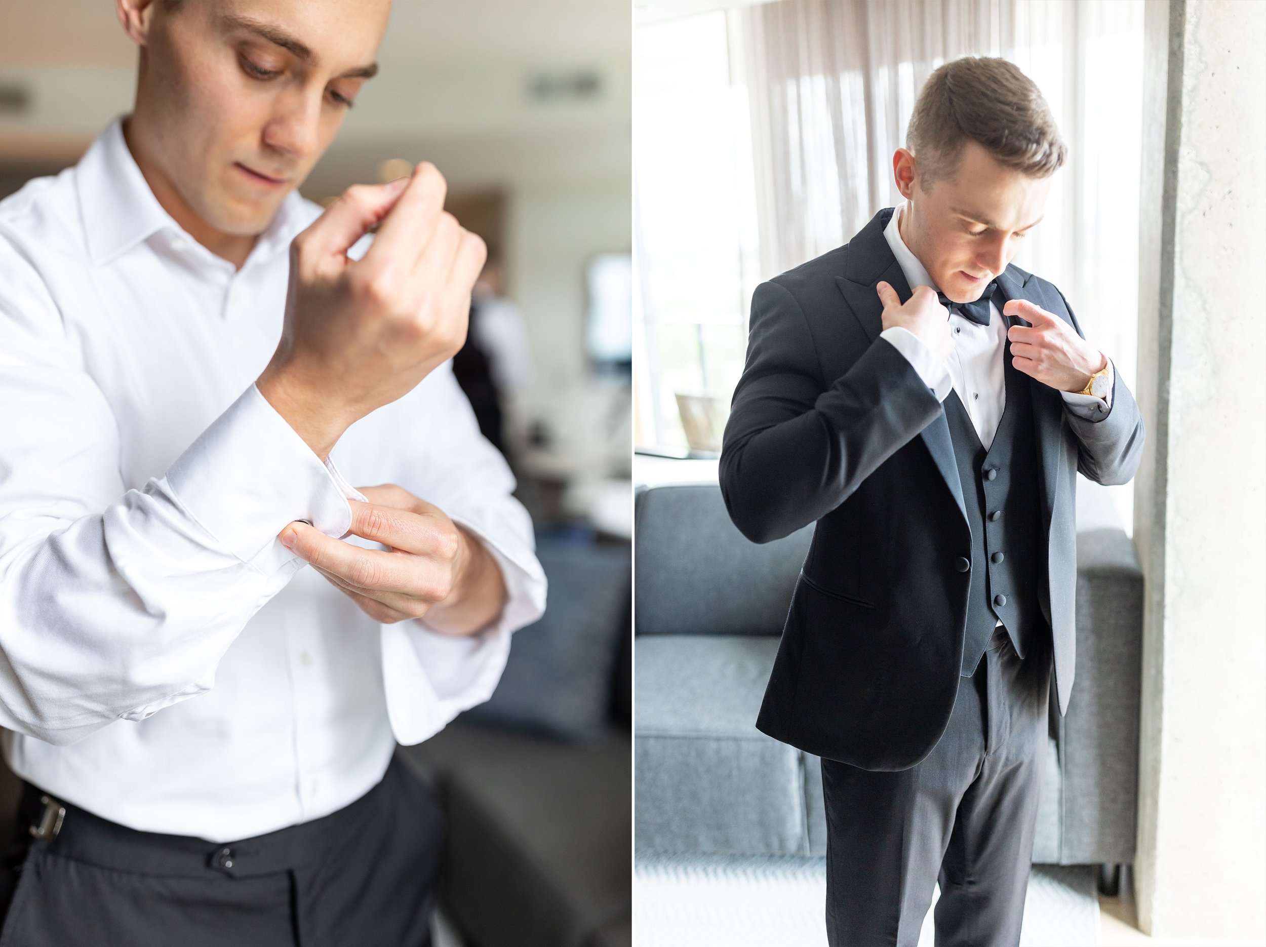 Groom putting on cufflinks and jacket at the Watermark Hotel in Tysons