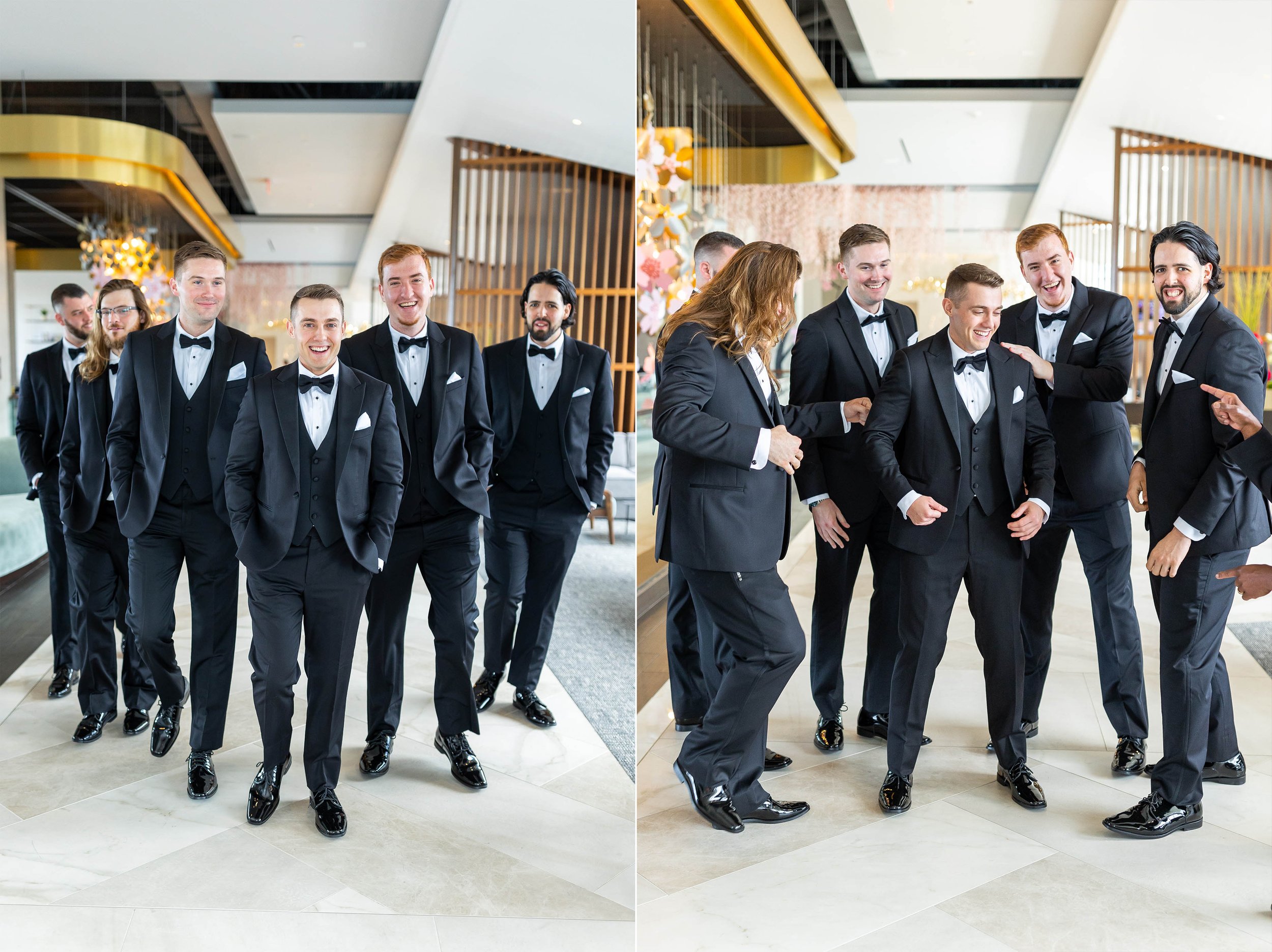 Groom and groomsmen pose and laugh in lobby of Watermark Hotel in Tyson's