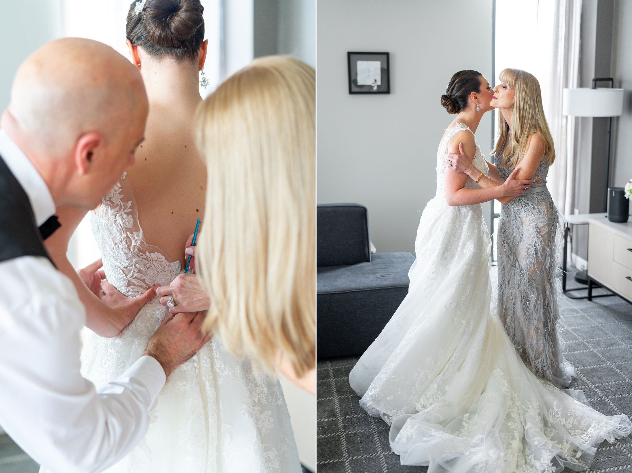 Bride and her parents getting ready in wedding suite at the Watermark Hotel