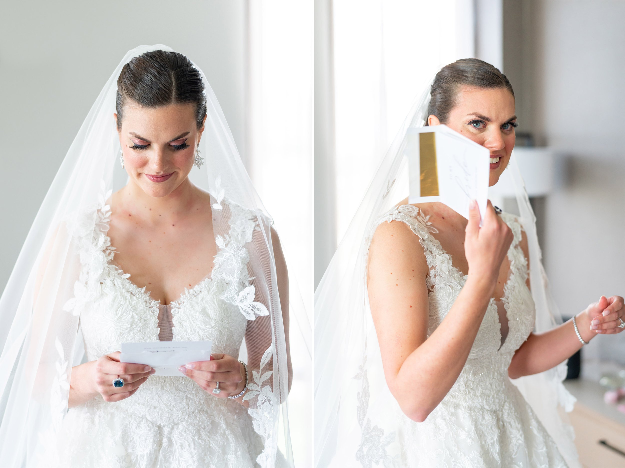 Bride crying and reading handwritten note from her groom on the wedding day