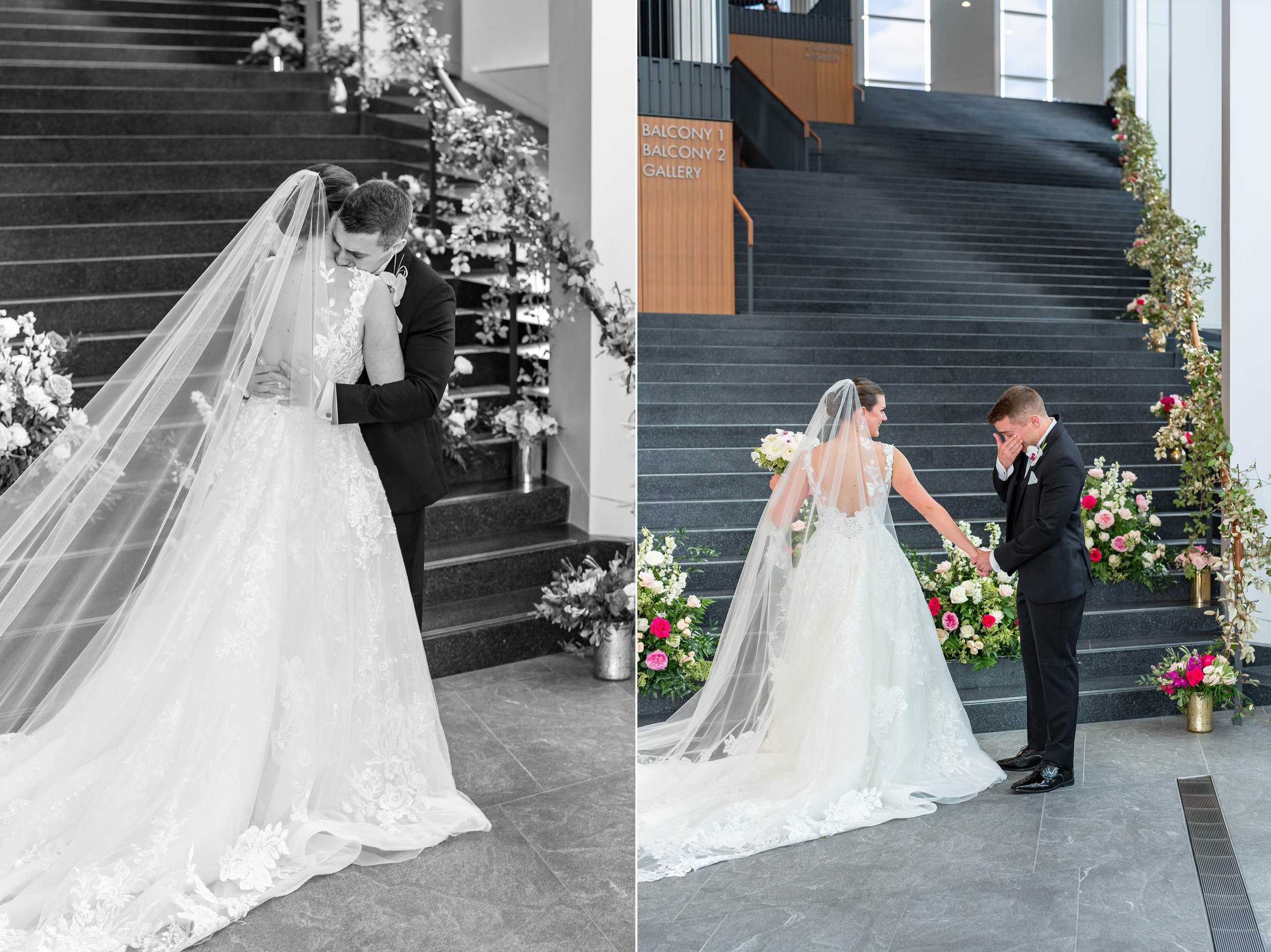 Bride and groom hug during first look at Capital One Hall wedding venue