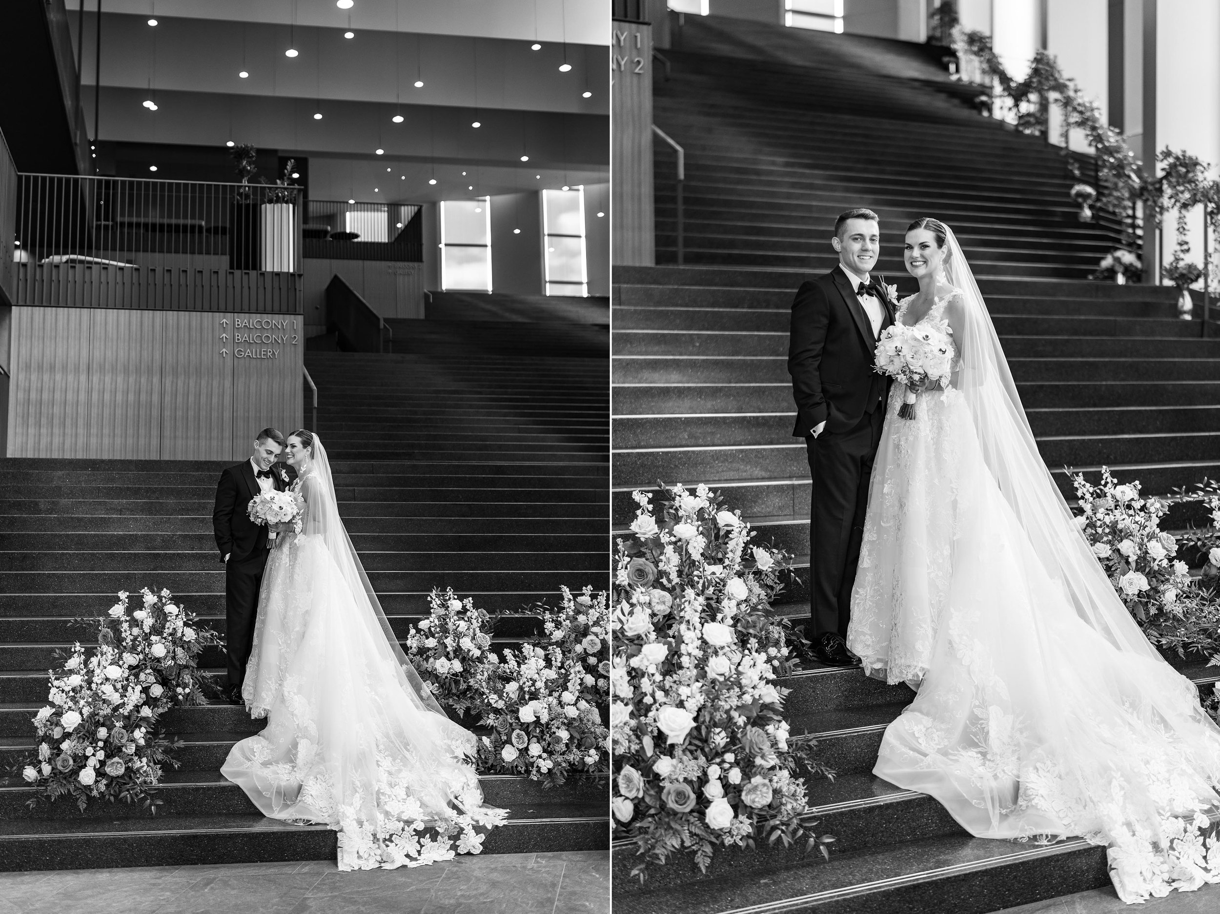 Black and white portraits of bride and groom on stairs at Capital One Hall wedding