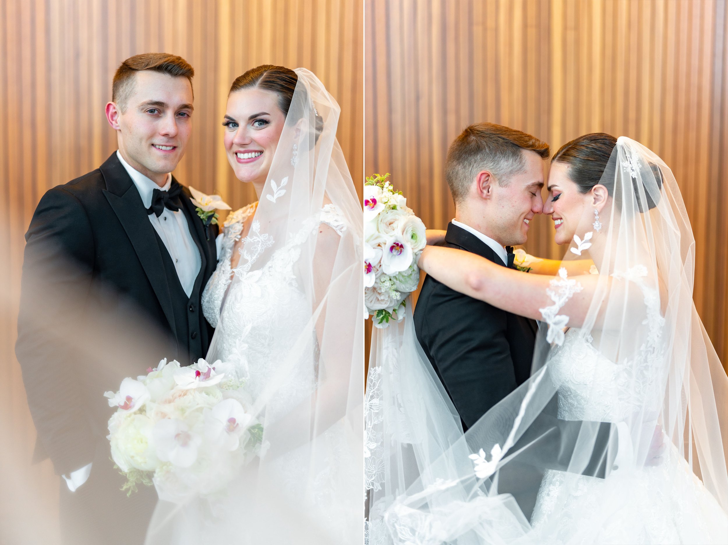 Portraits with the bride's veil and groom at Capital One Hall in Tyson's