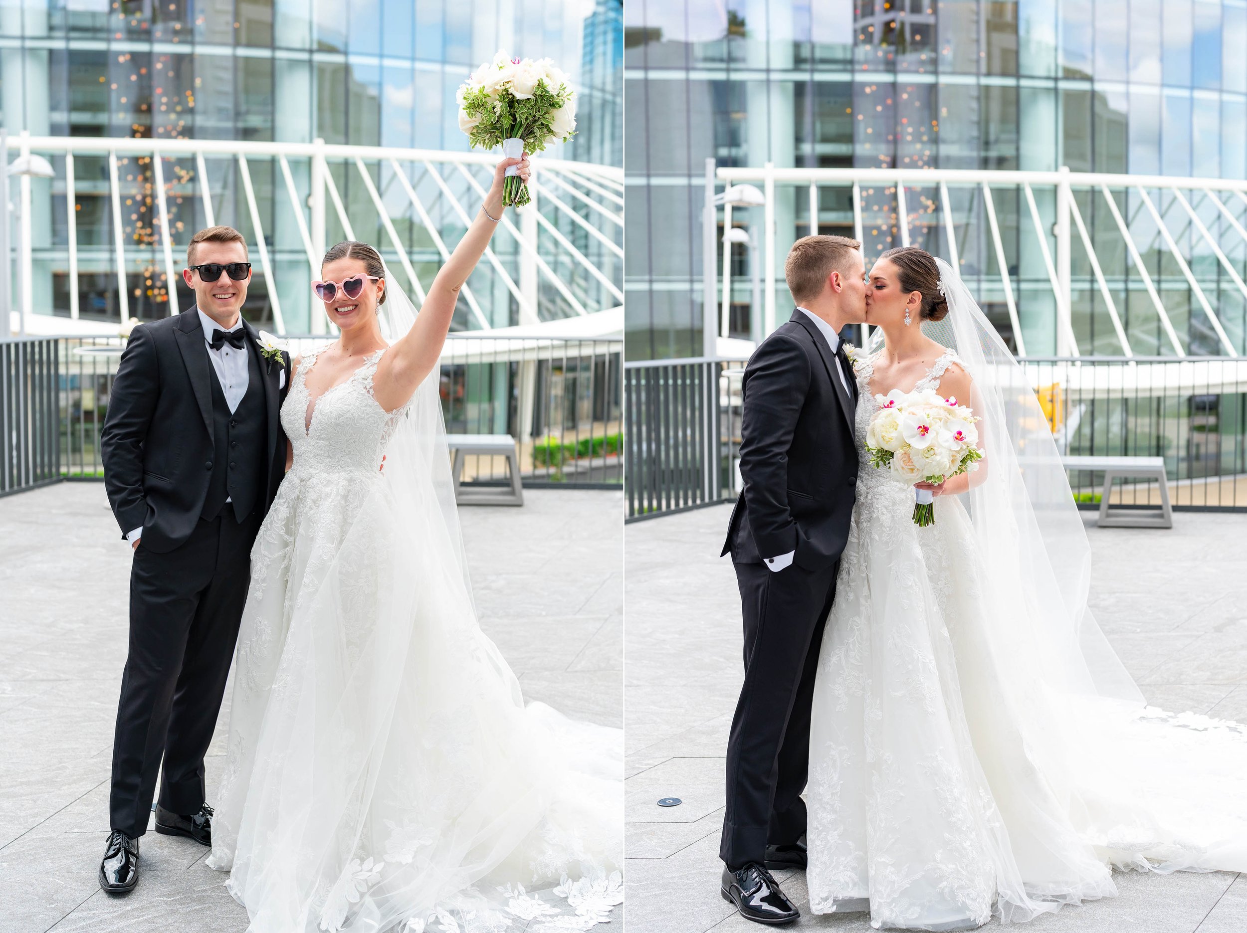 Bride and groom in sunglasses celebrating on cocktail hour balcony at Capital One Hall