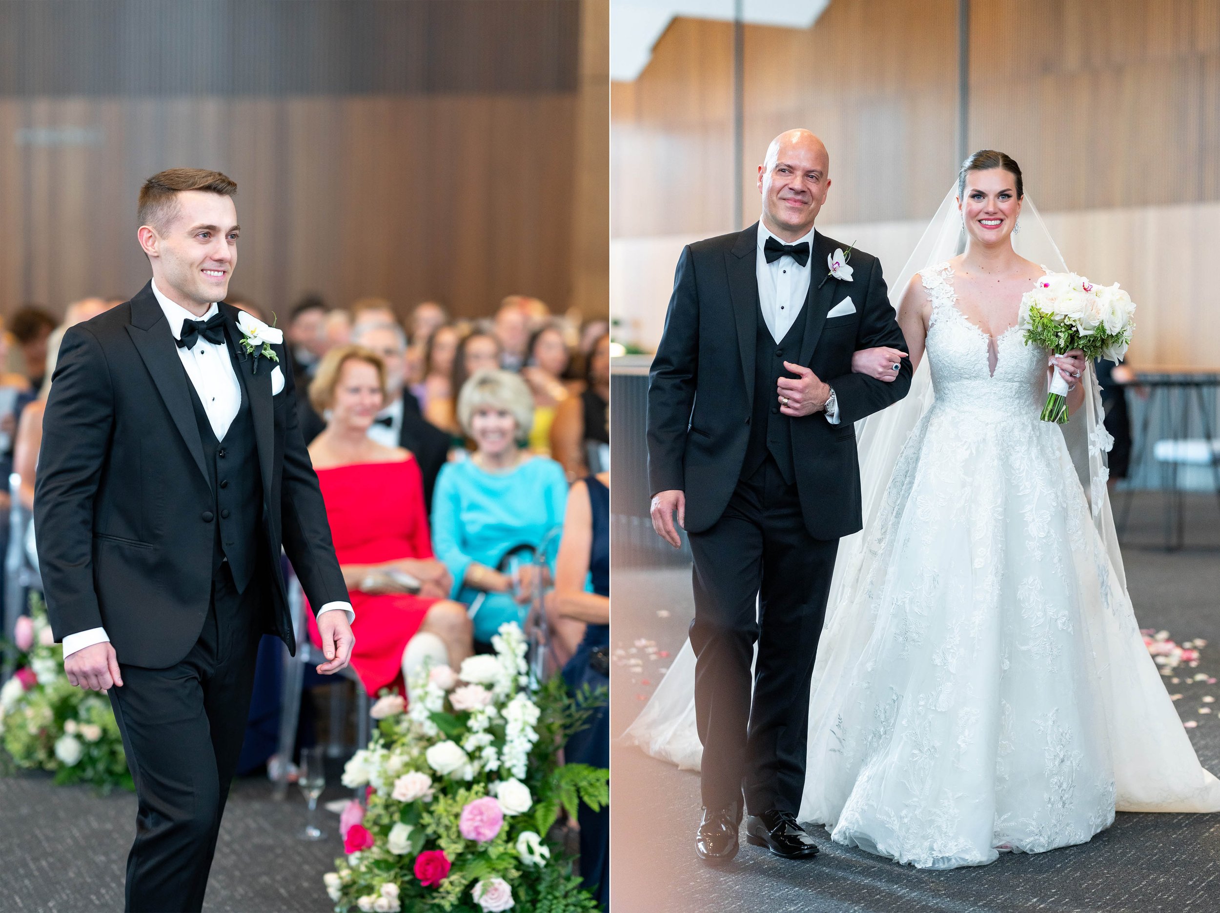 Bride and groom walking down the ceremony aisle at Capital One Hall