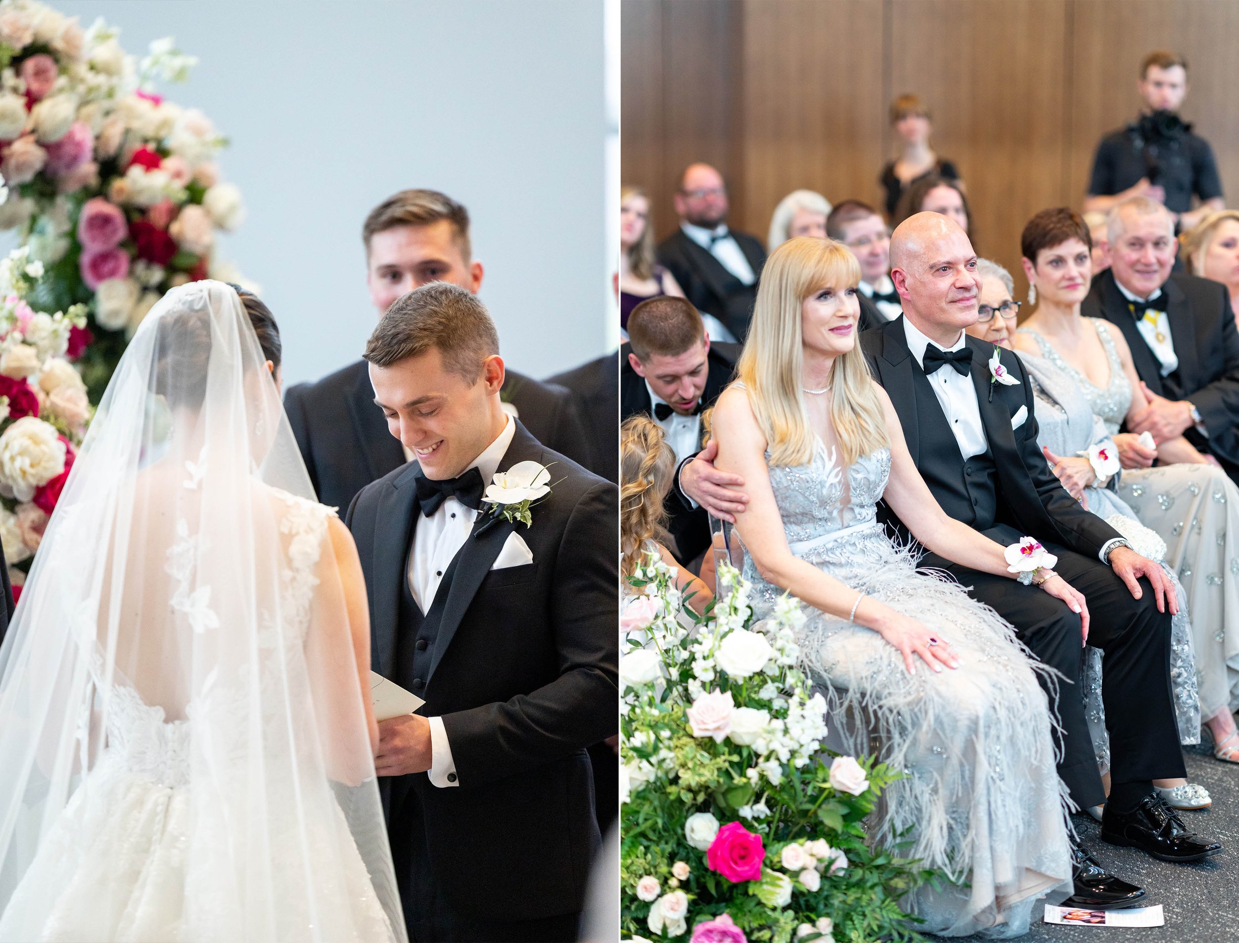 Groom laughing as bride's parents look on in candid photos 