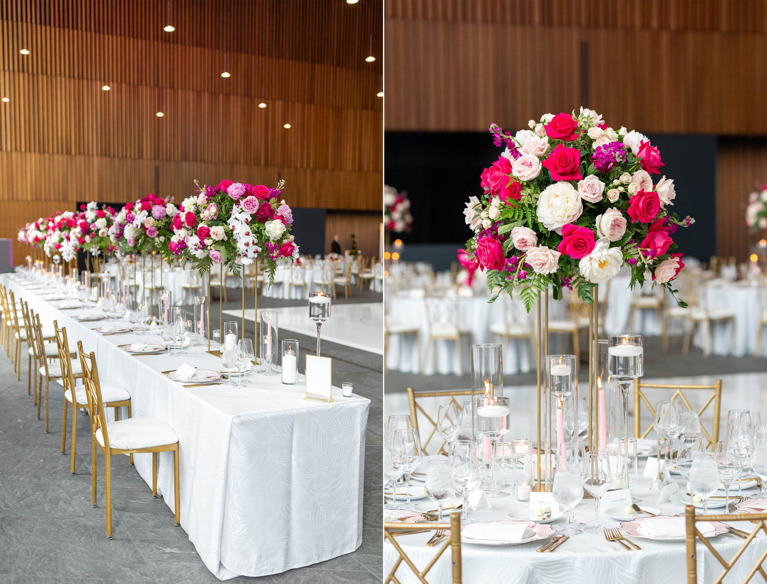 Wedding photos of tables and decor at Tyson's new wedding venue Capital One Hall