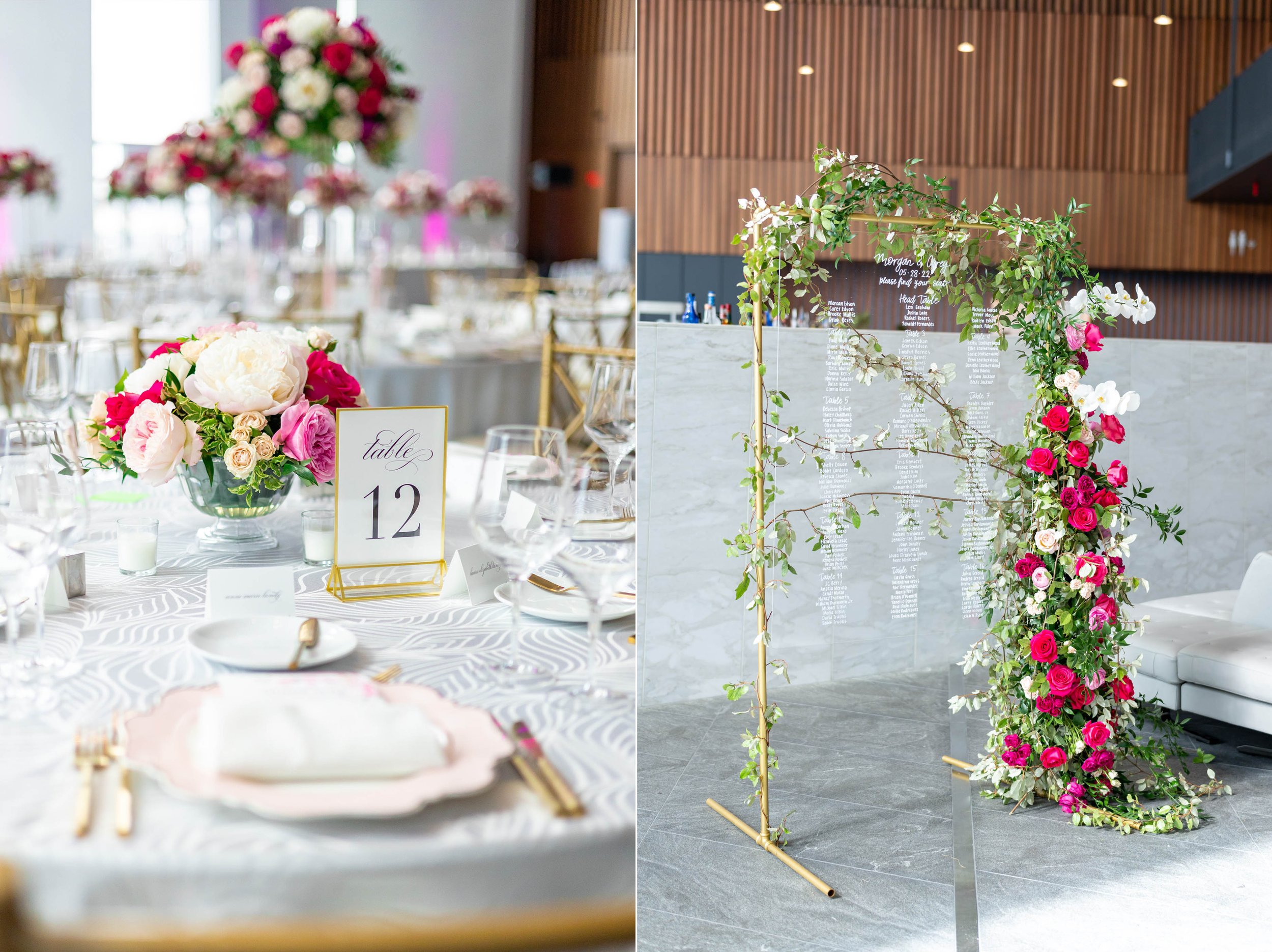 Table number and table seating chart photos with ivy and glass decor