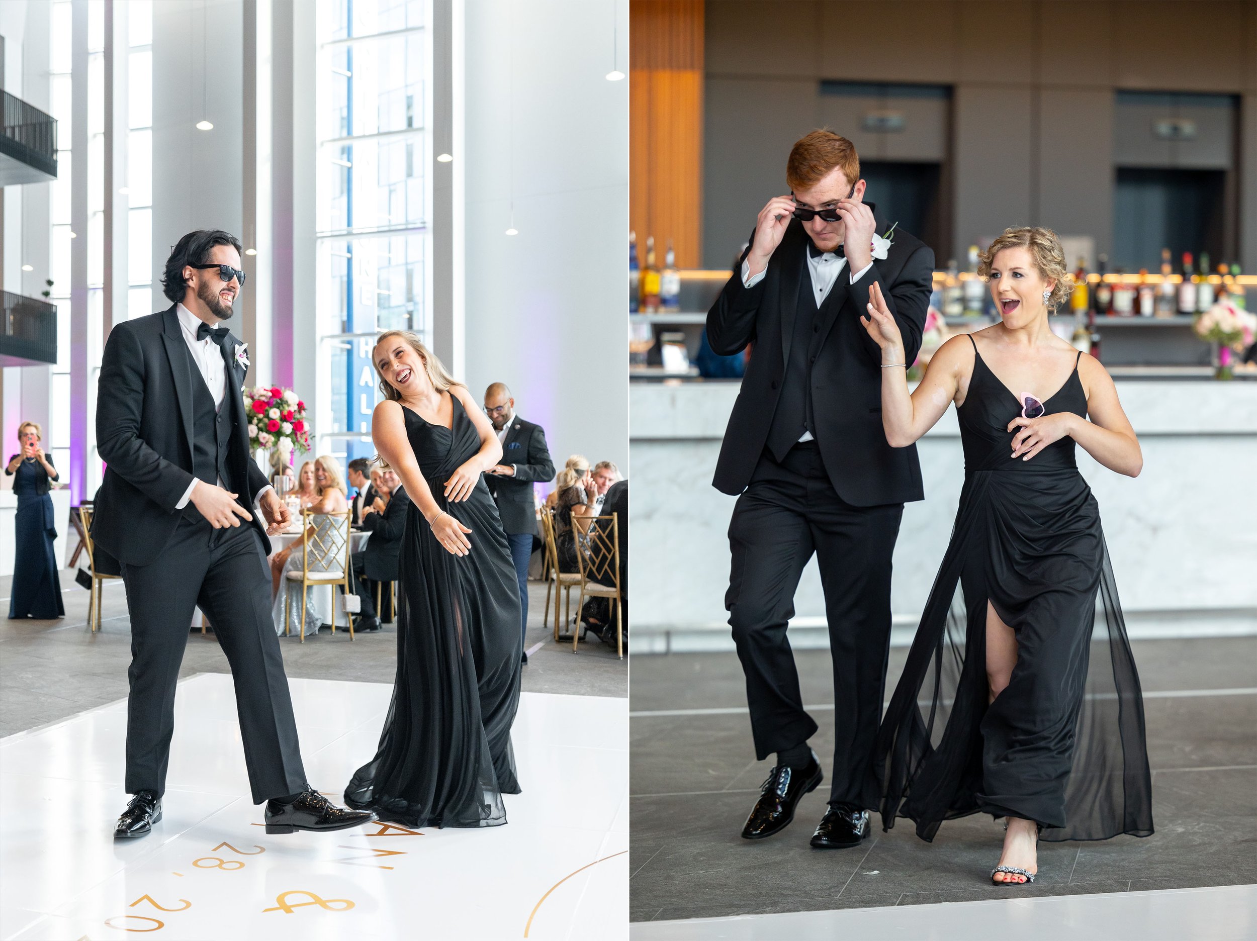 bridesmaids and groomsmen on monogrammed dance floor at Capital One Hall wedding