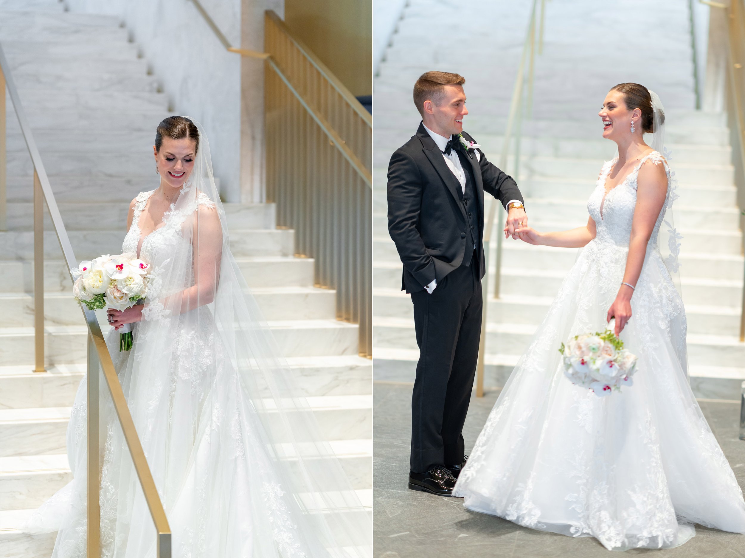 Bride and groom portraits on marble and gold stairs at Capital One Hall entrance