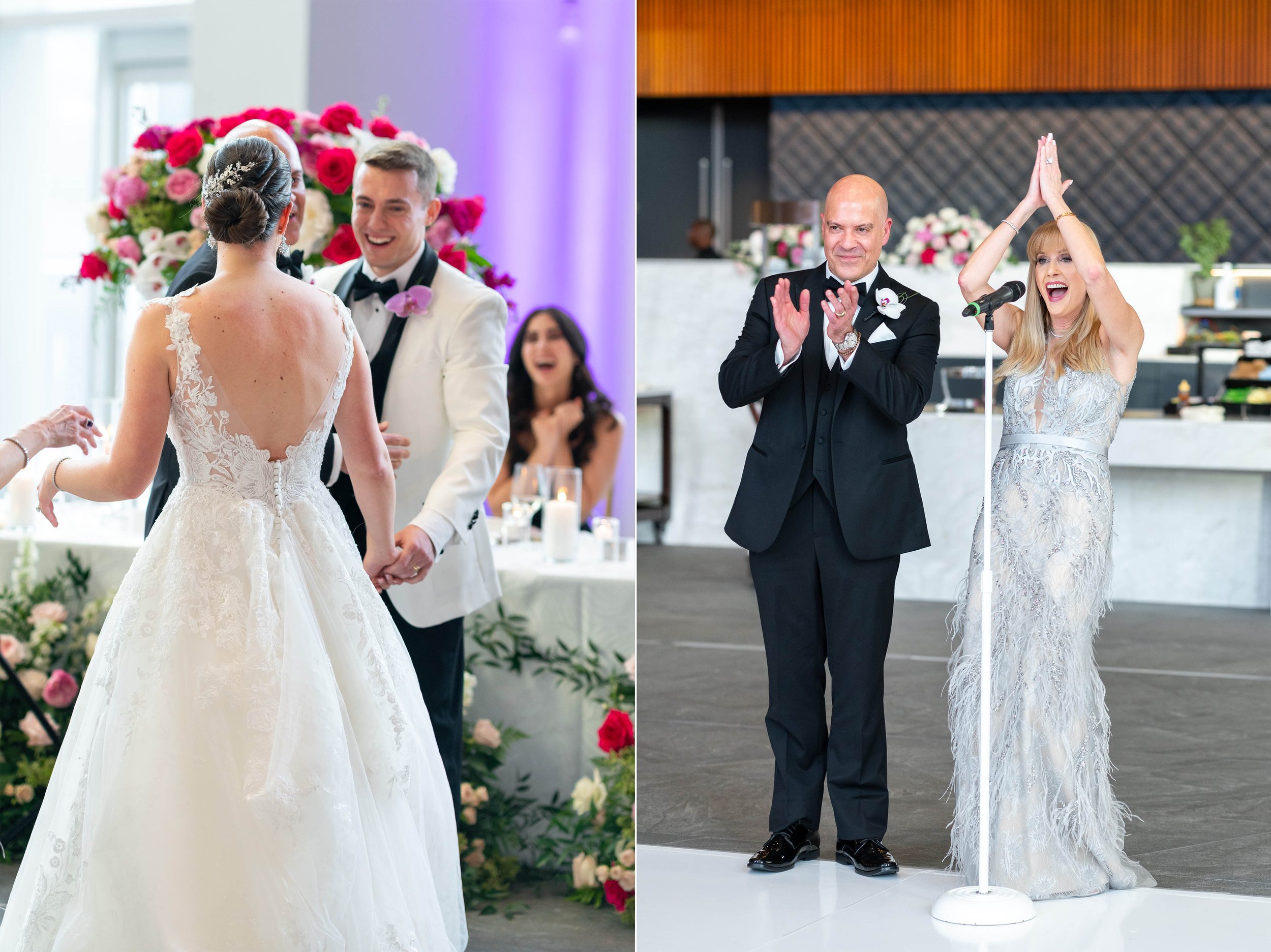 Parents cheer bride and groom's first dance as the couple laughs
