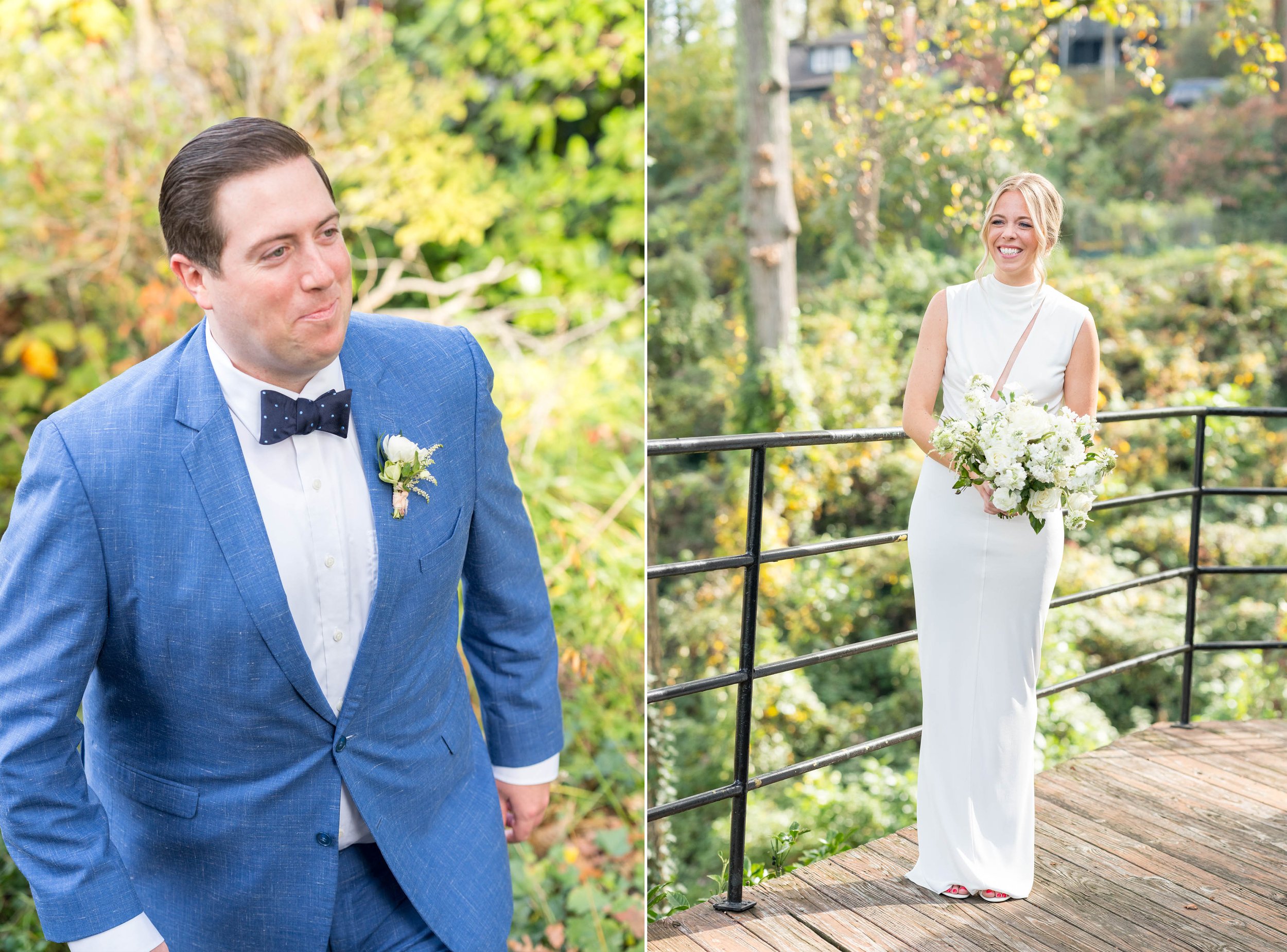 Groom walks up stairs to see bride in white Tom Ford wedding gown