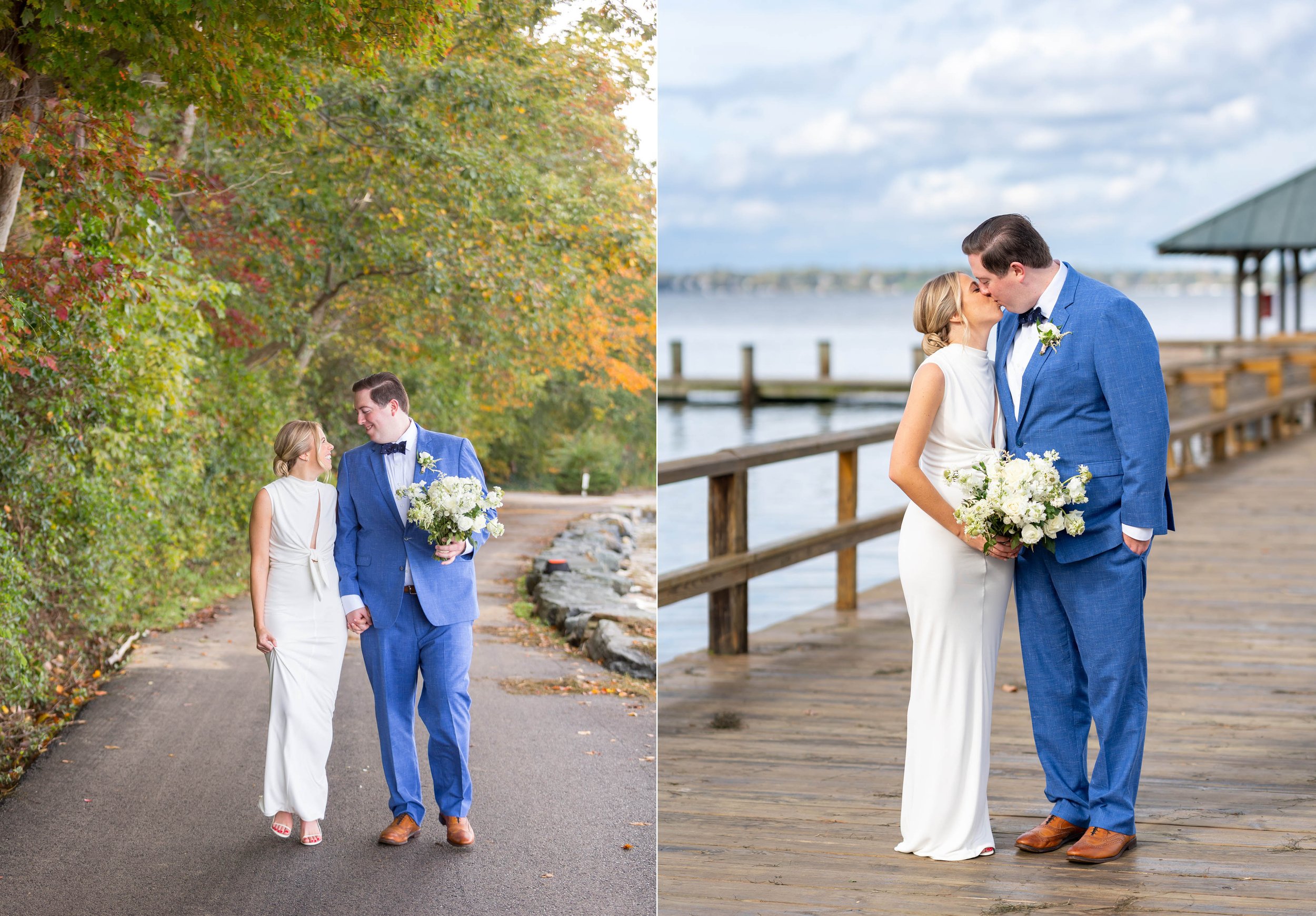Bride and groom kiss on dock and beachfront in Sherwood Forest MD