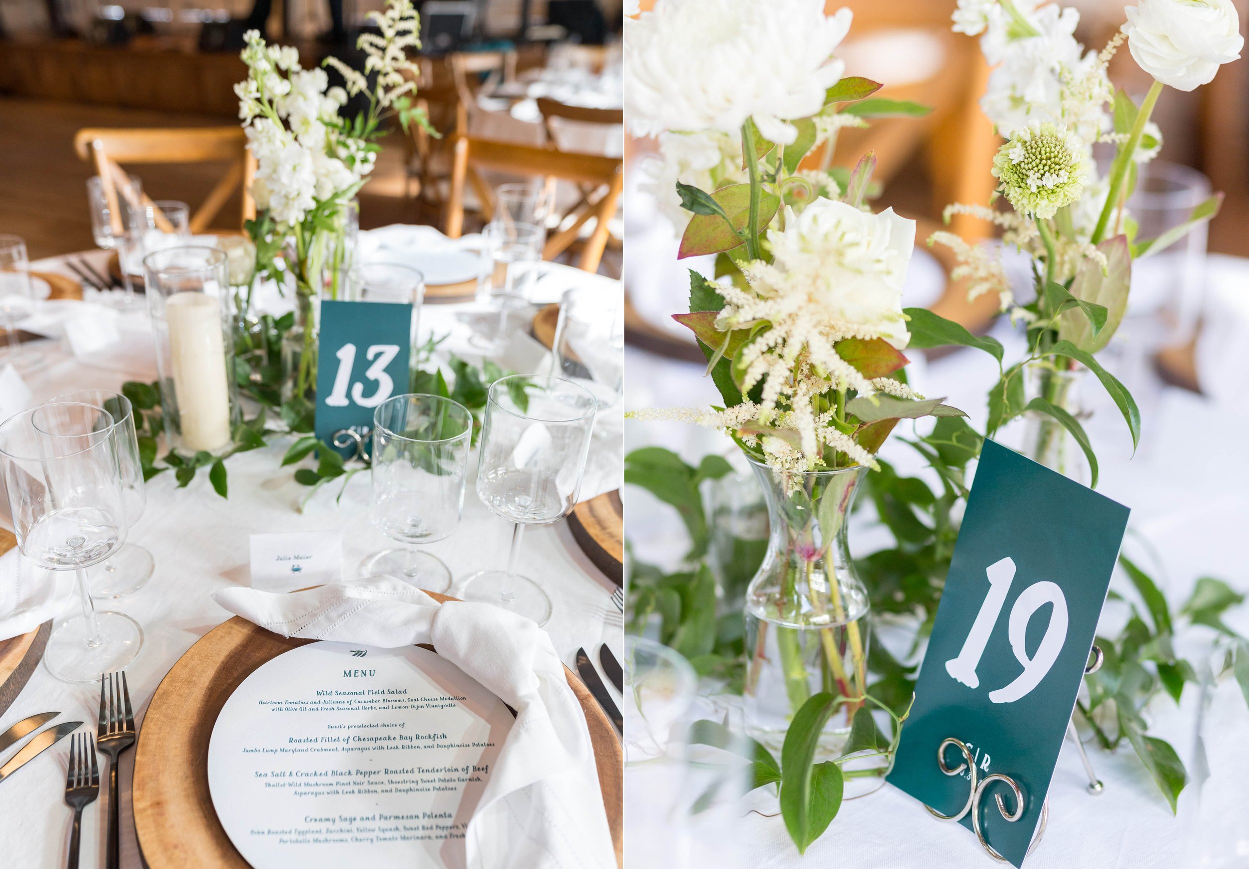 Rustic modern and romantic centerpieces at Sherwood Forest Club wedding