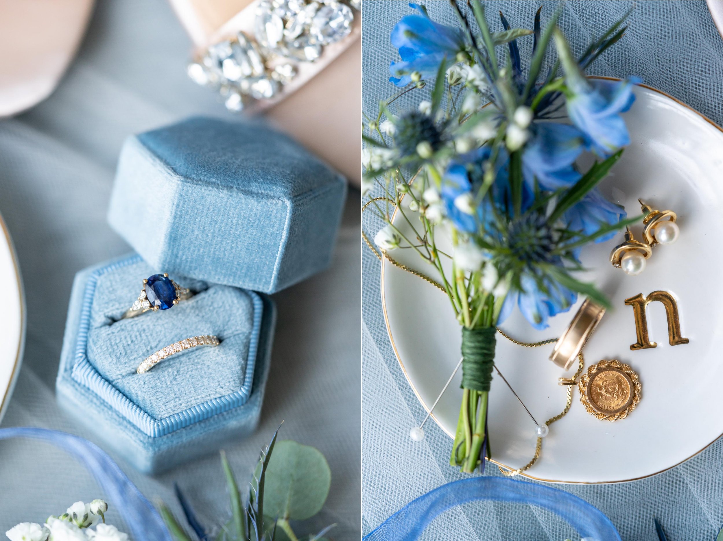 Blue hexagon velvet ring box with wedding day florals