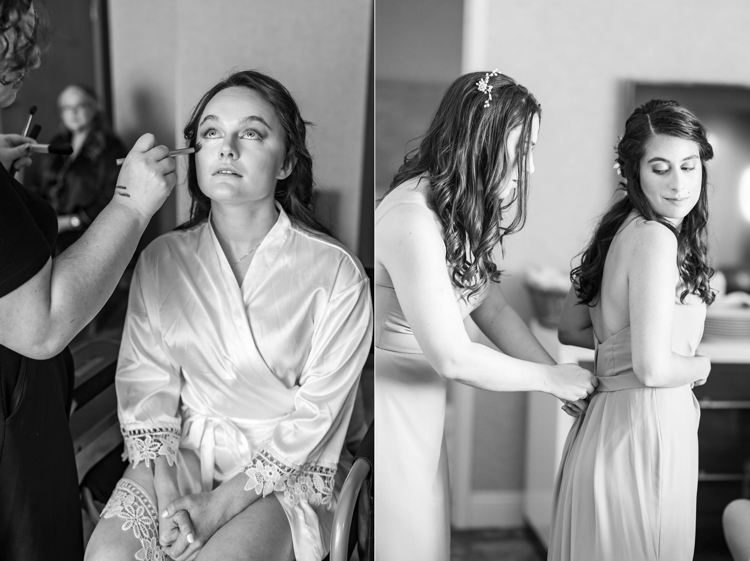 Black and white photos of bride getting ready at Hyatt Regency Chesapeake wedding