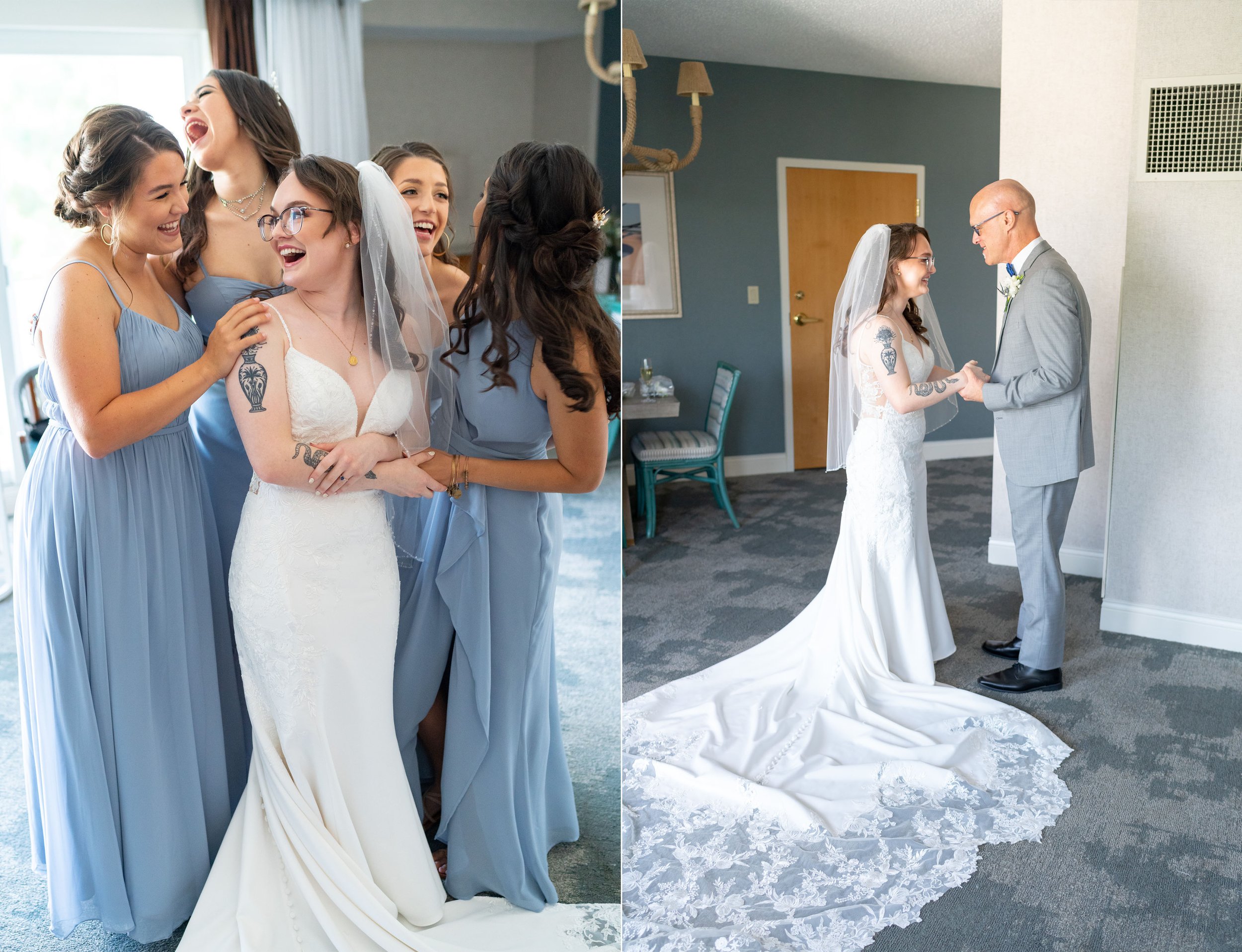 Bride with her bridesmaids and father during getting ready wedding photos