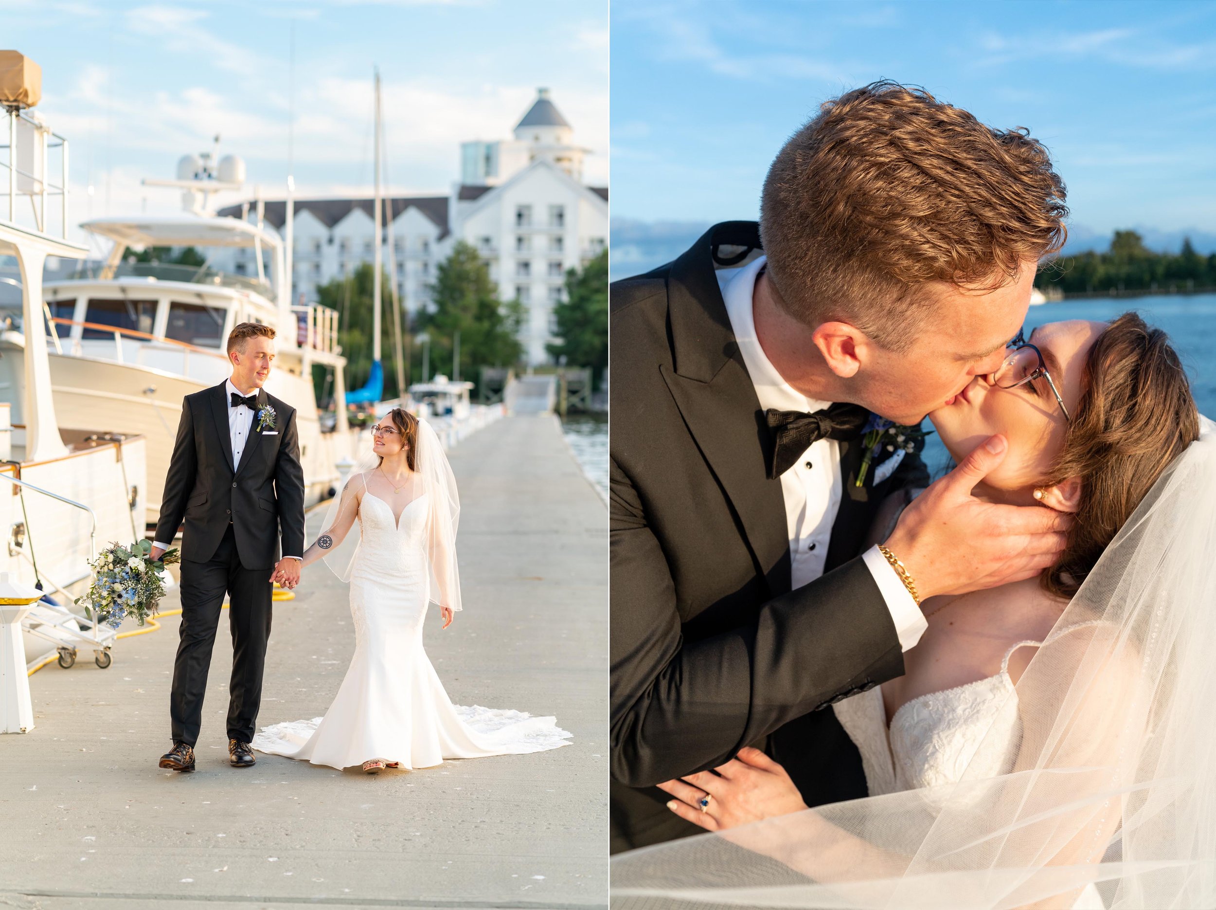 bride and groom dramatic portraits at sunset on dock at Hyatt Chesapeake