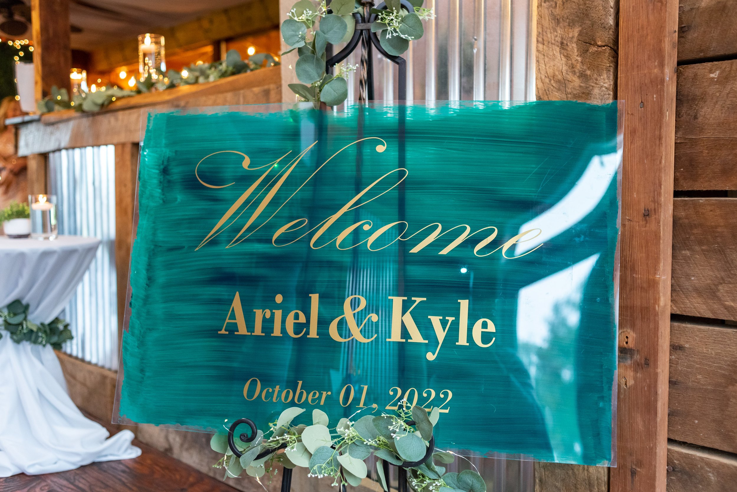 Teal watercolor acrylic wedding welcome sign ideas for fall barn wedding