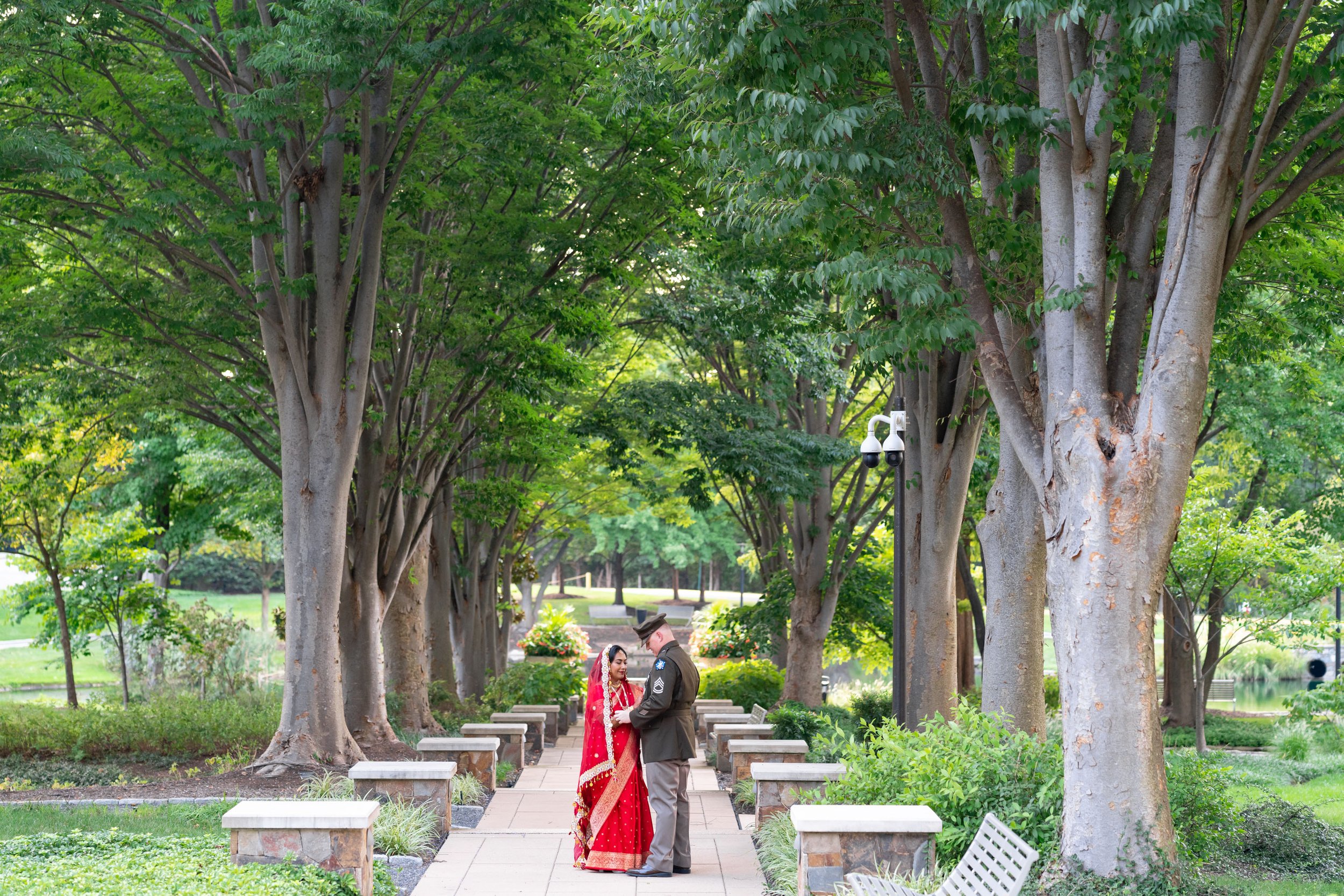 bride and groom stand under huge trees at the park at Hyatt regency Dulles 