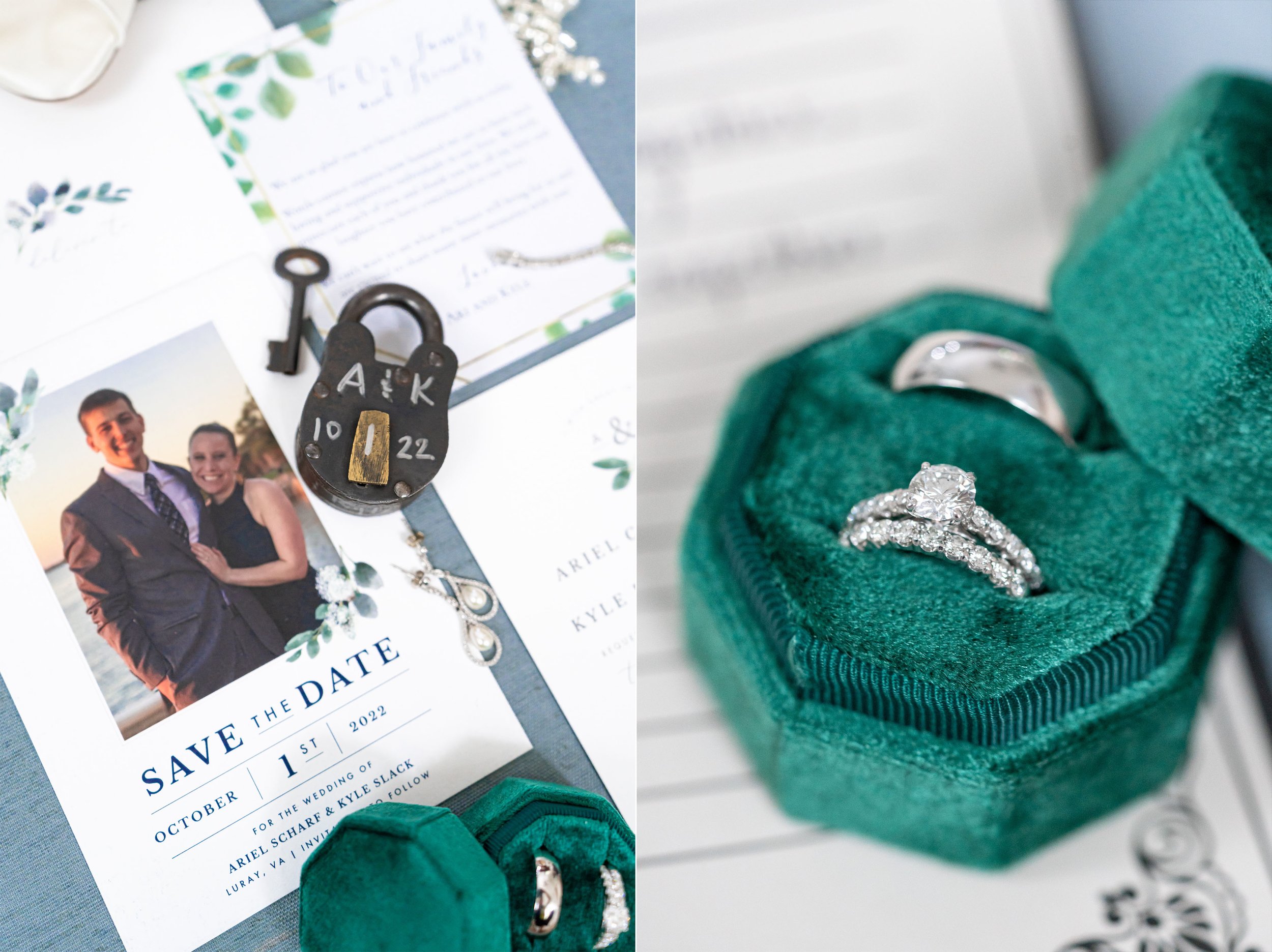Wedding details with green velvet ring box and old lock from Stover Hall wedding