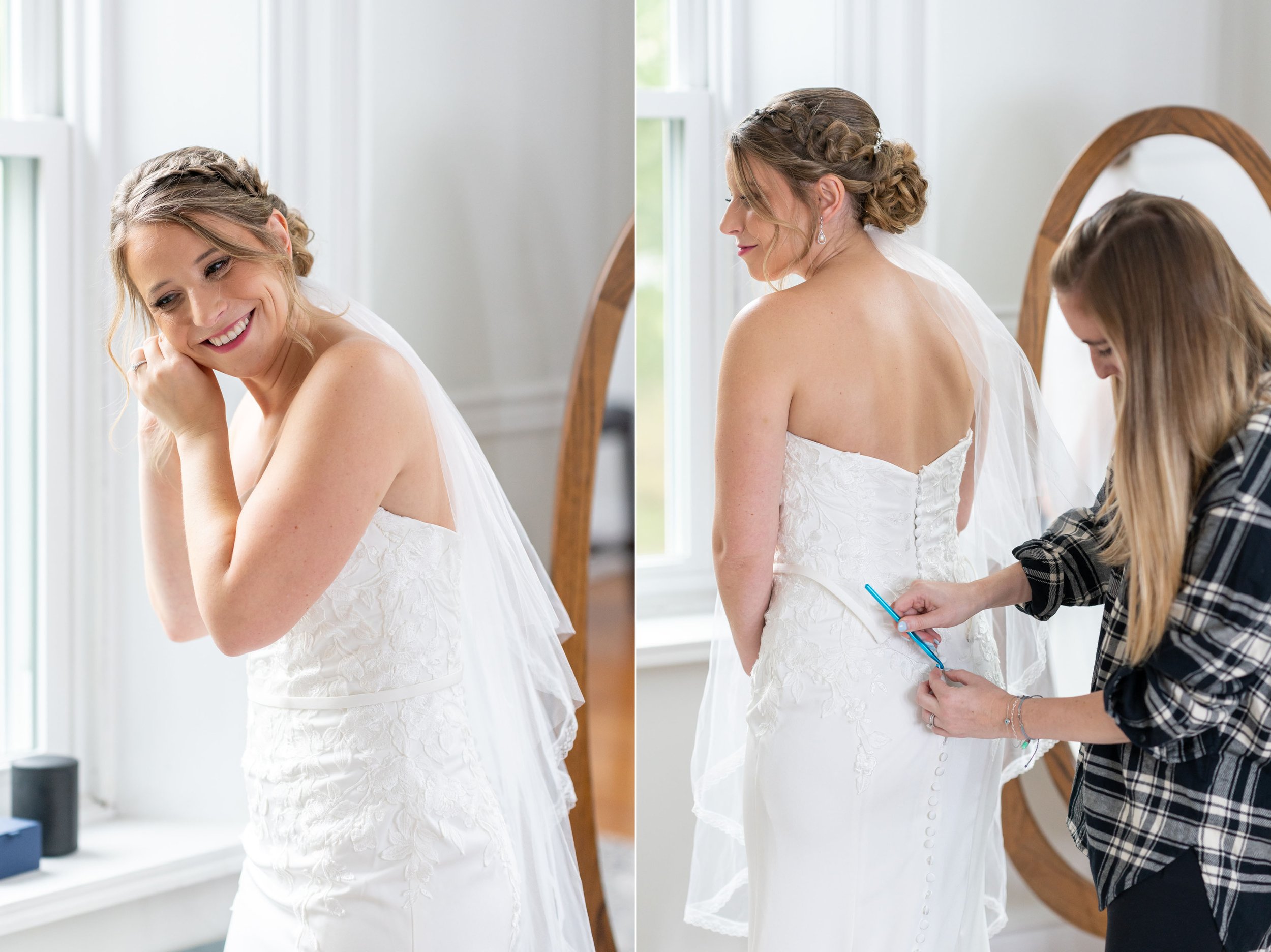 Bride puts in earrings and gets buttoned at Stover Hall bridal suite
