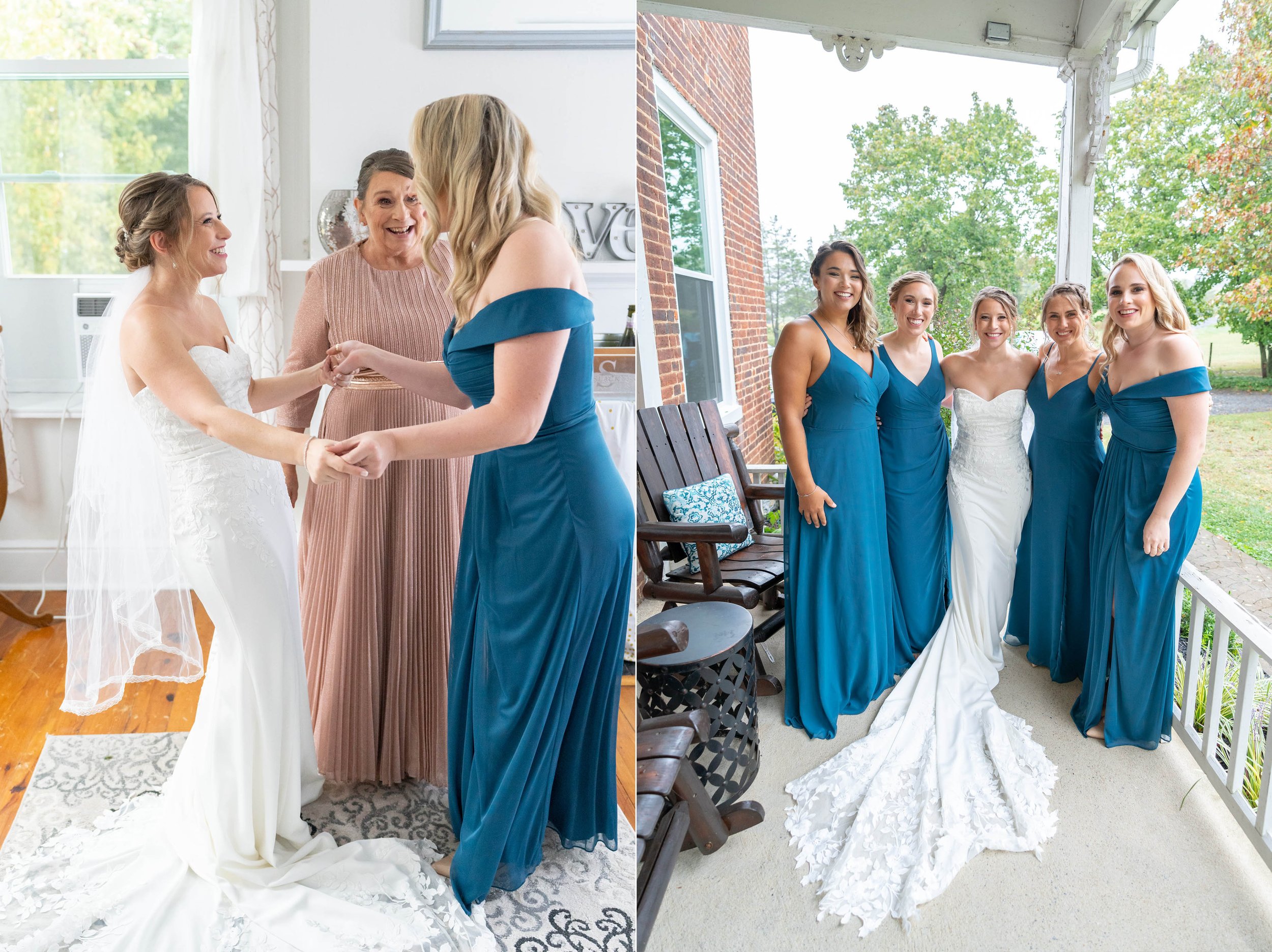 Bride and bridesmaids in teal gowns at fall wedding at Stover Hall