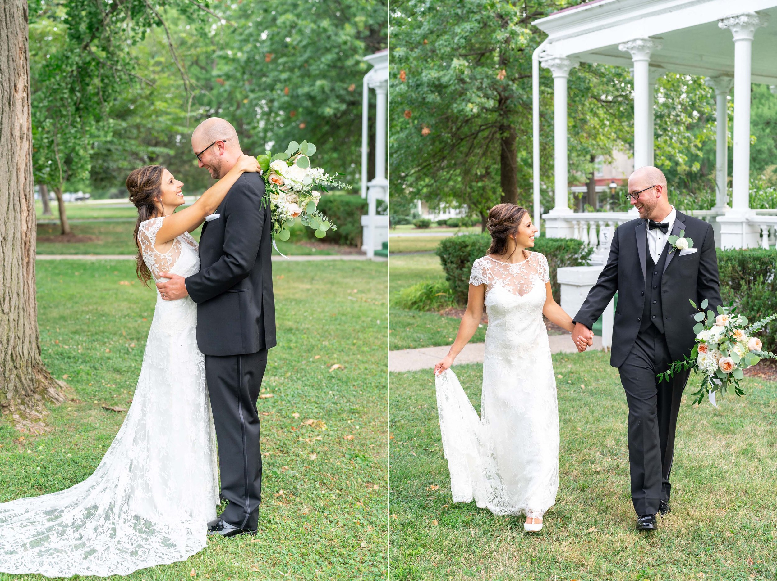 Bride and groom walking in the gardens by the gazebo at President Lincolns Cottage wedding