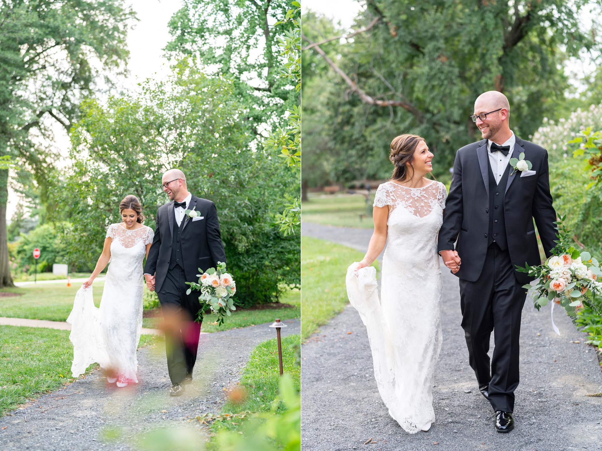 Bride and groom walk through gorgeous garden on pathway to Lincolns Cottage