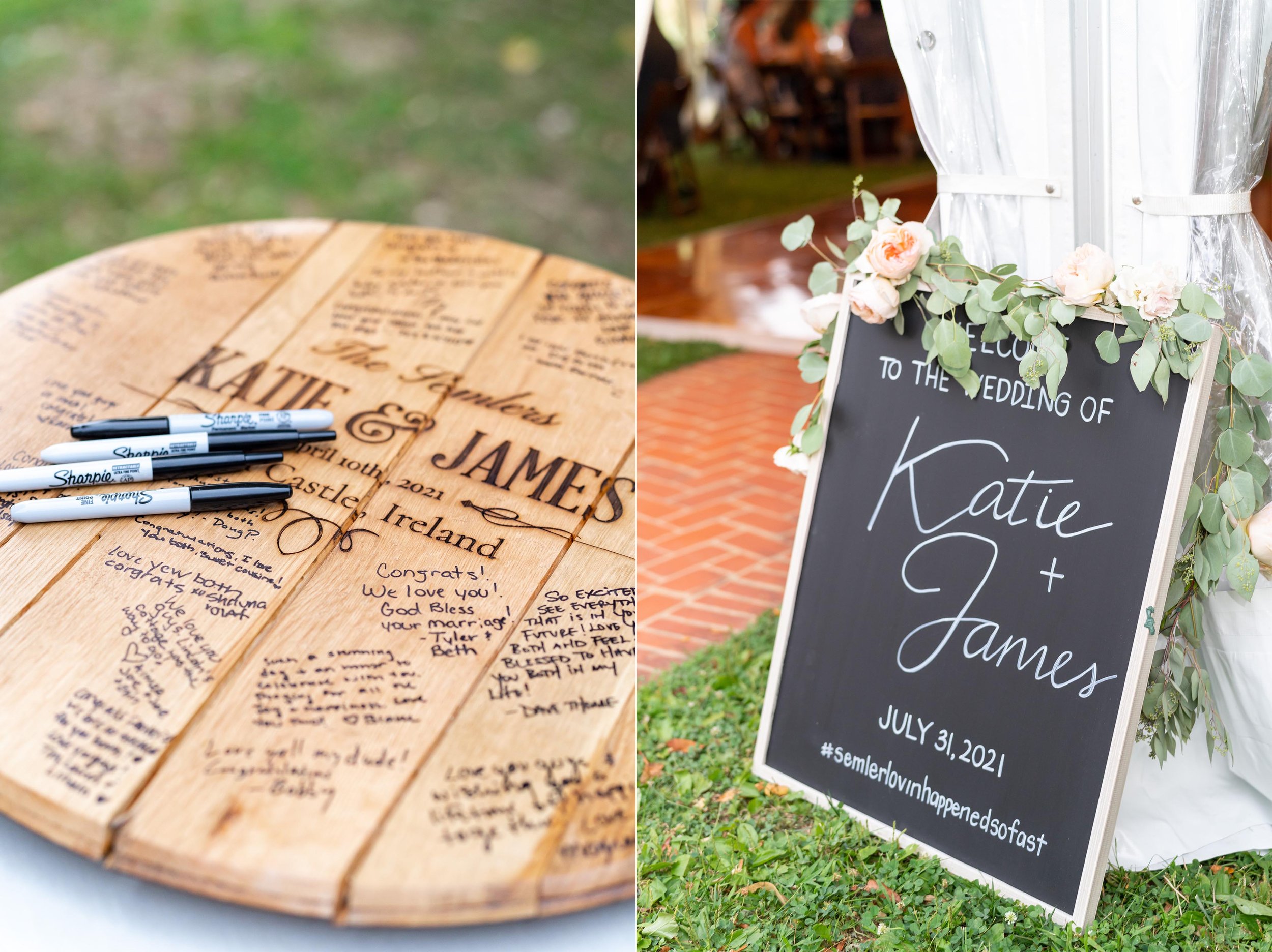 Custom wine barrel signage and guest book for bride and groom on their wedding day