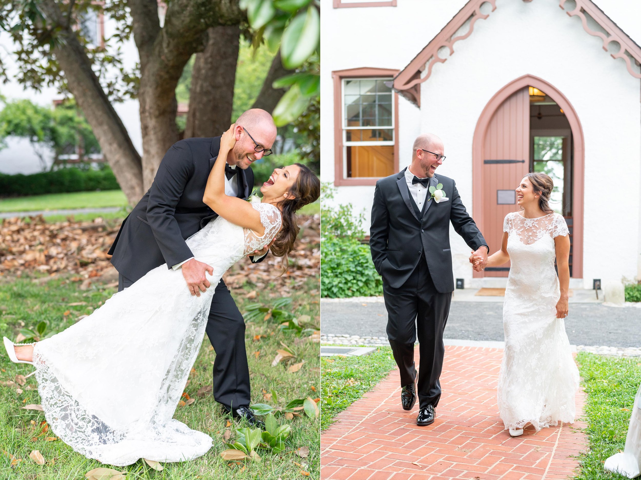 Groom dips the bride on the left photo, couple enters their wedding reception on the right