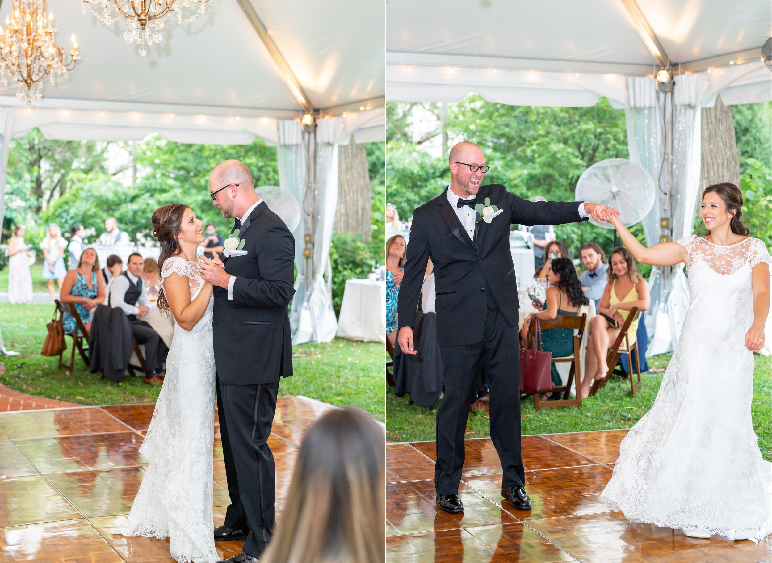 Bride and groom share their first dance under white tent with chandeliers at Lincolns Cottage