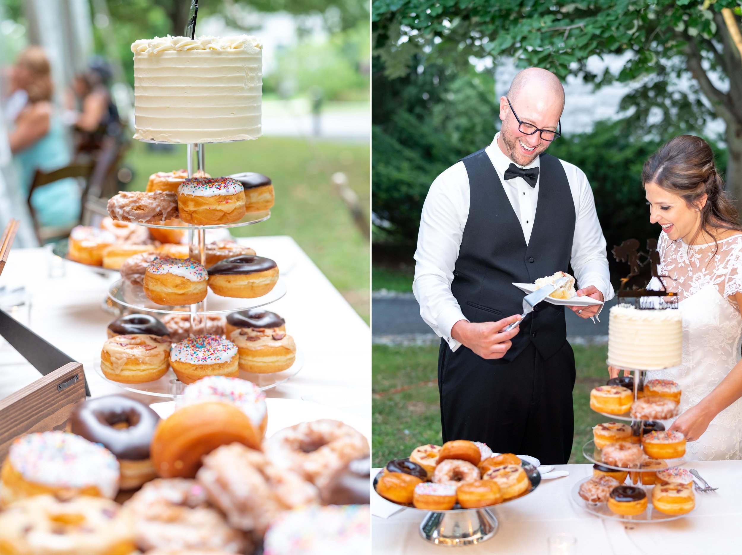 Fun wedding cake idea with donuts on lower tiers and cake on top with diving buddies topper