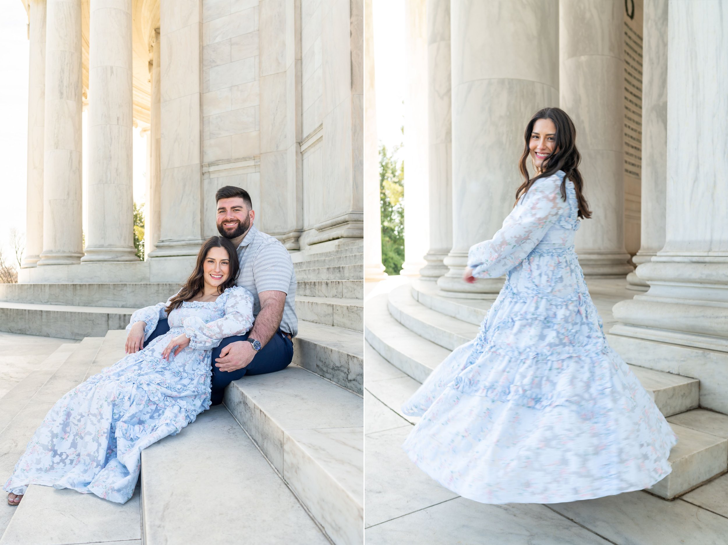 Engagement photos on the steps of the Jefferson Needle and Thread Summer Blossom blue dress