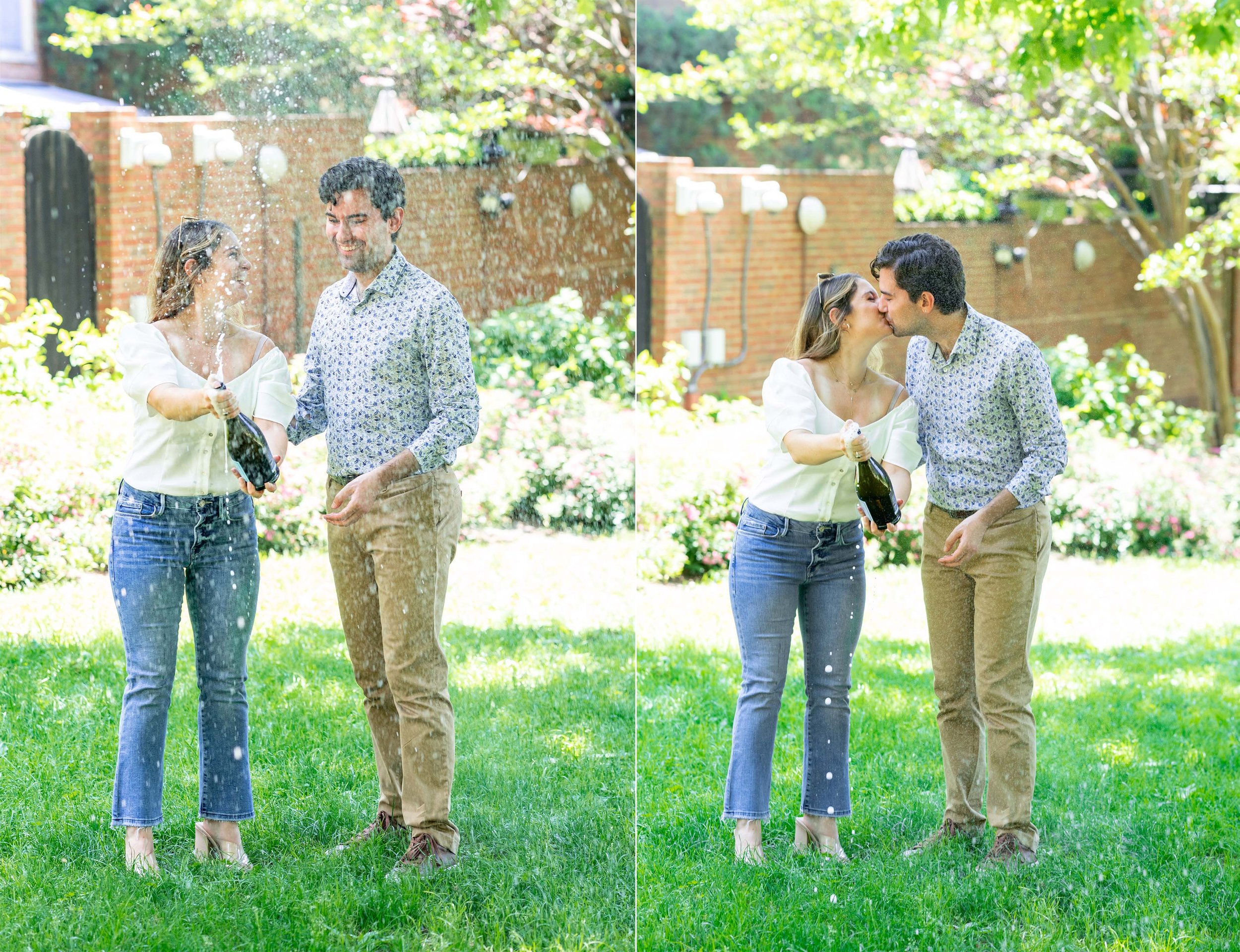 Bride and groom pop champagne at fun DC engagement session idea