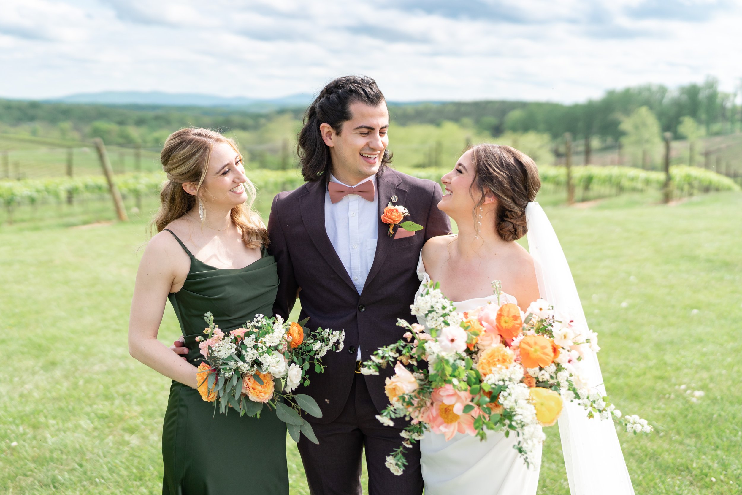 Bride and wedding party on hillside at Stone Tower Winery wedding