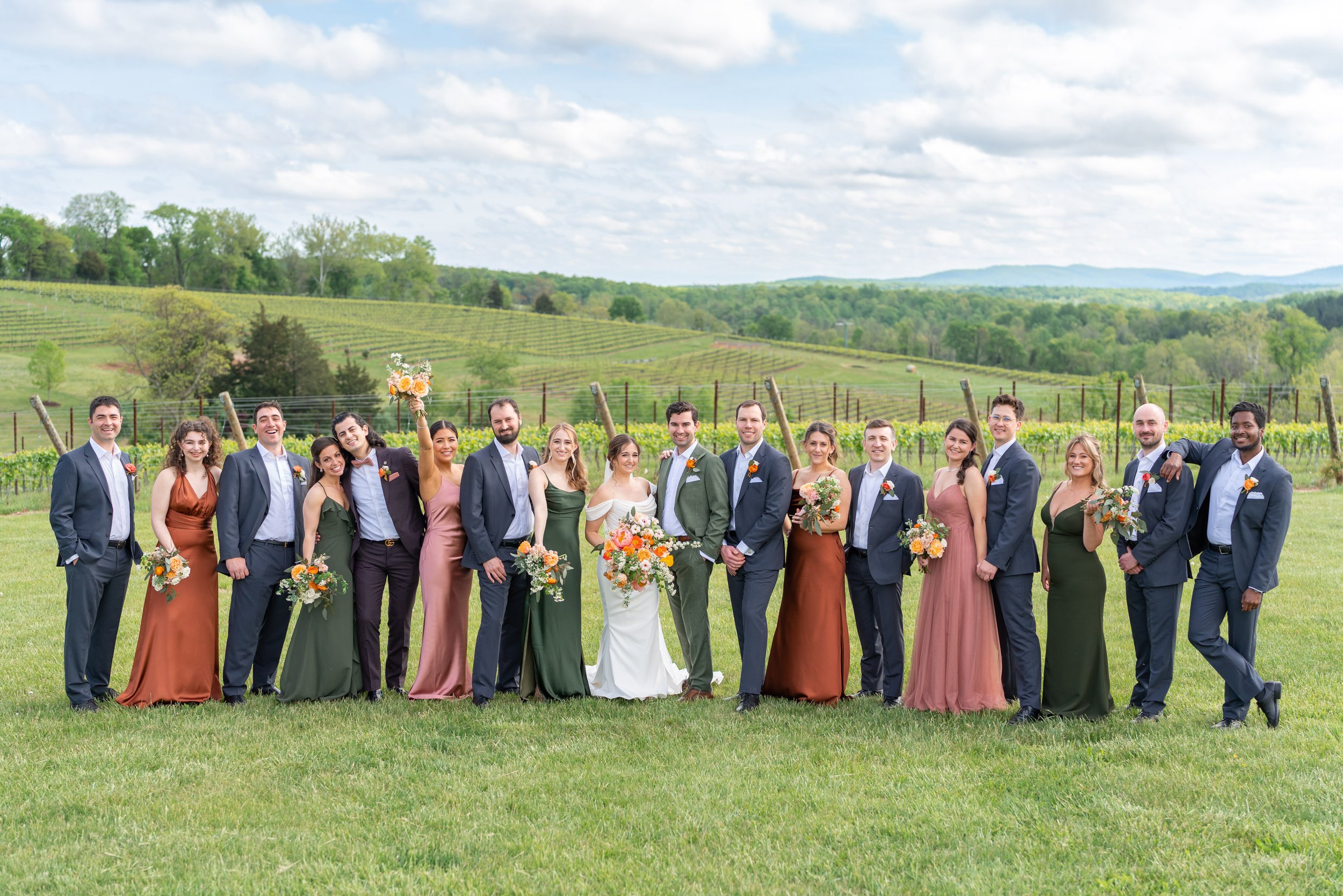 Entire wedding party on hillside at Stone Tower Winery wedding