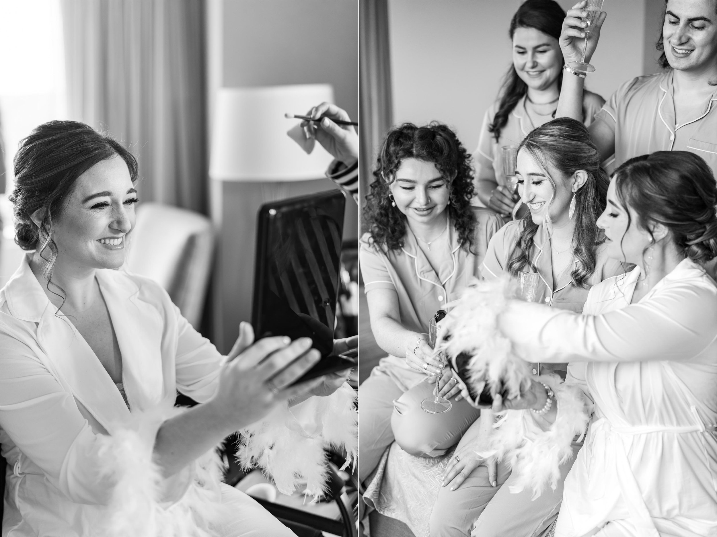Black and white photos of bride and bridesmaids popping champagne