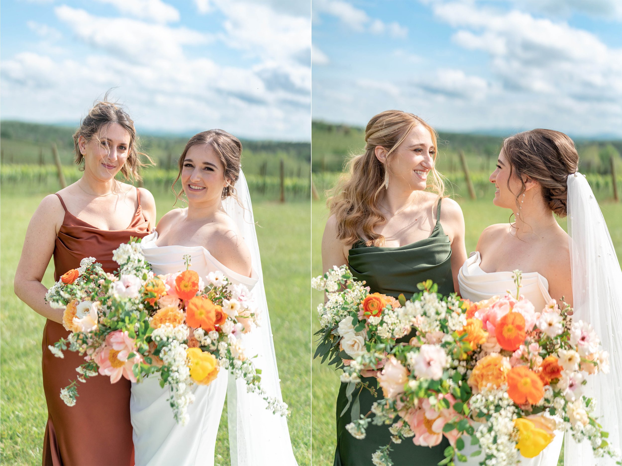 Bridesmaids in green and copper satin gowns