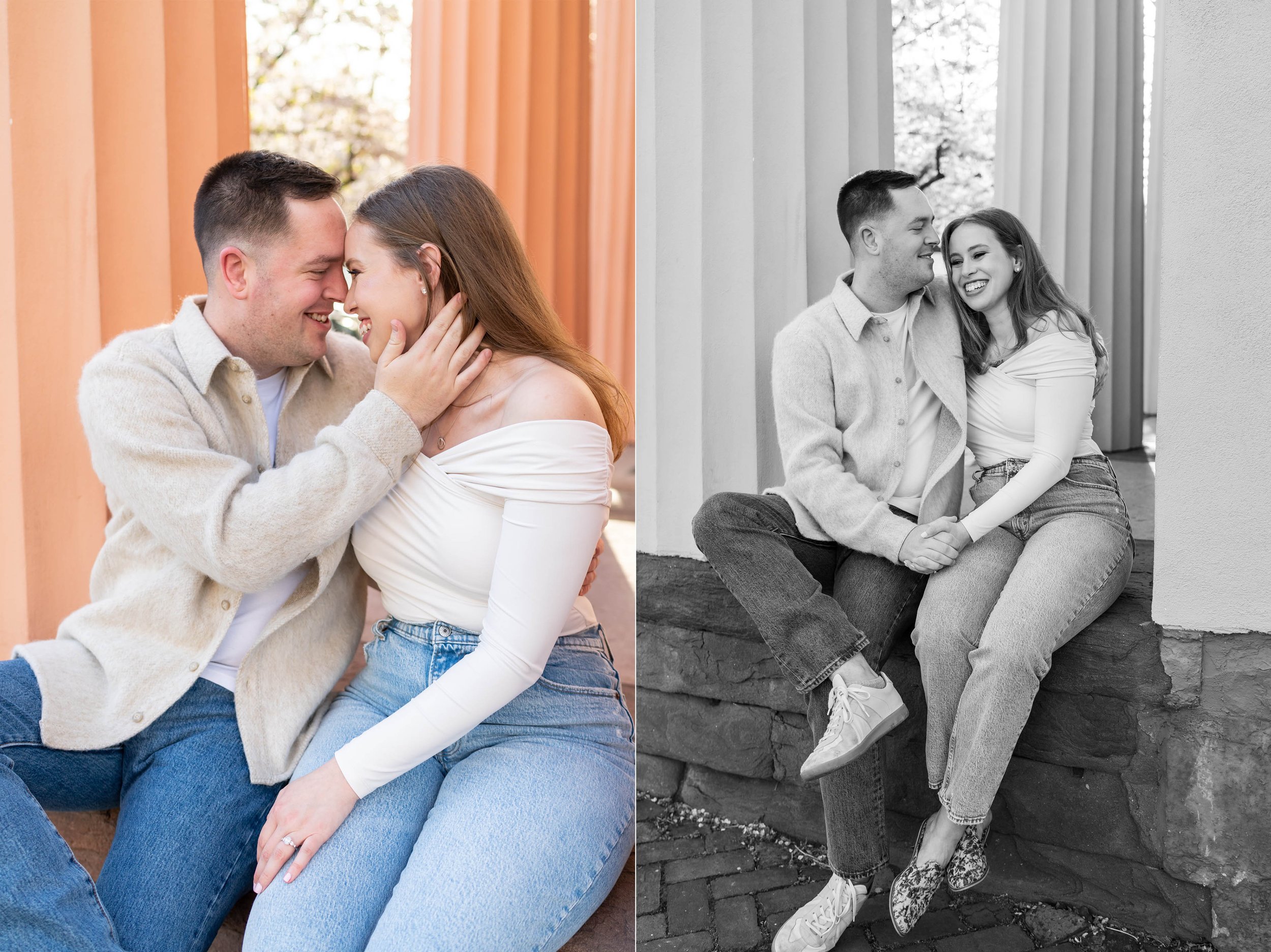 Engagement photos at orange columns of the Athenaeum in Alexandria