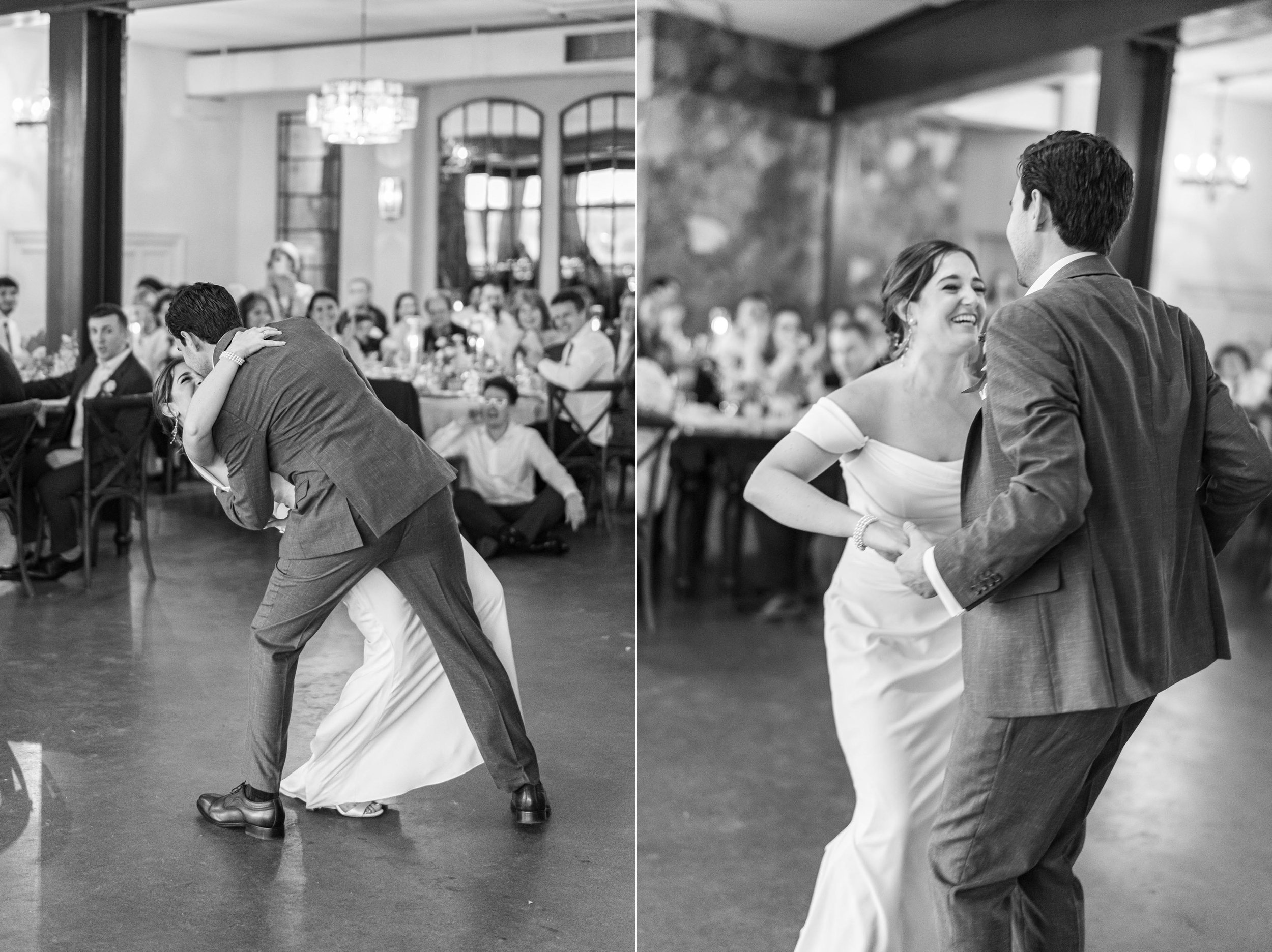 Black and white images of bride and groom first dance reception at Stone Tower