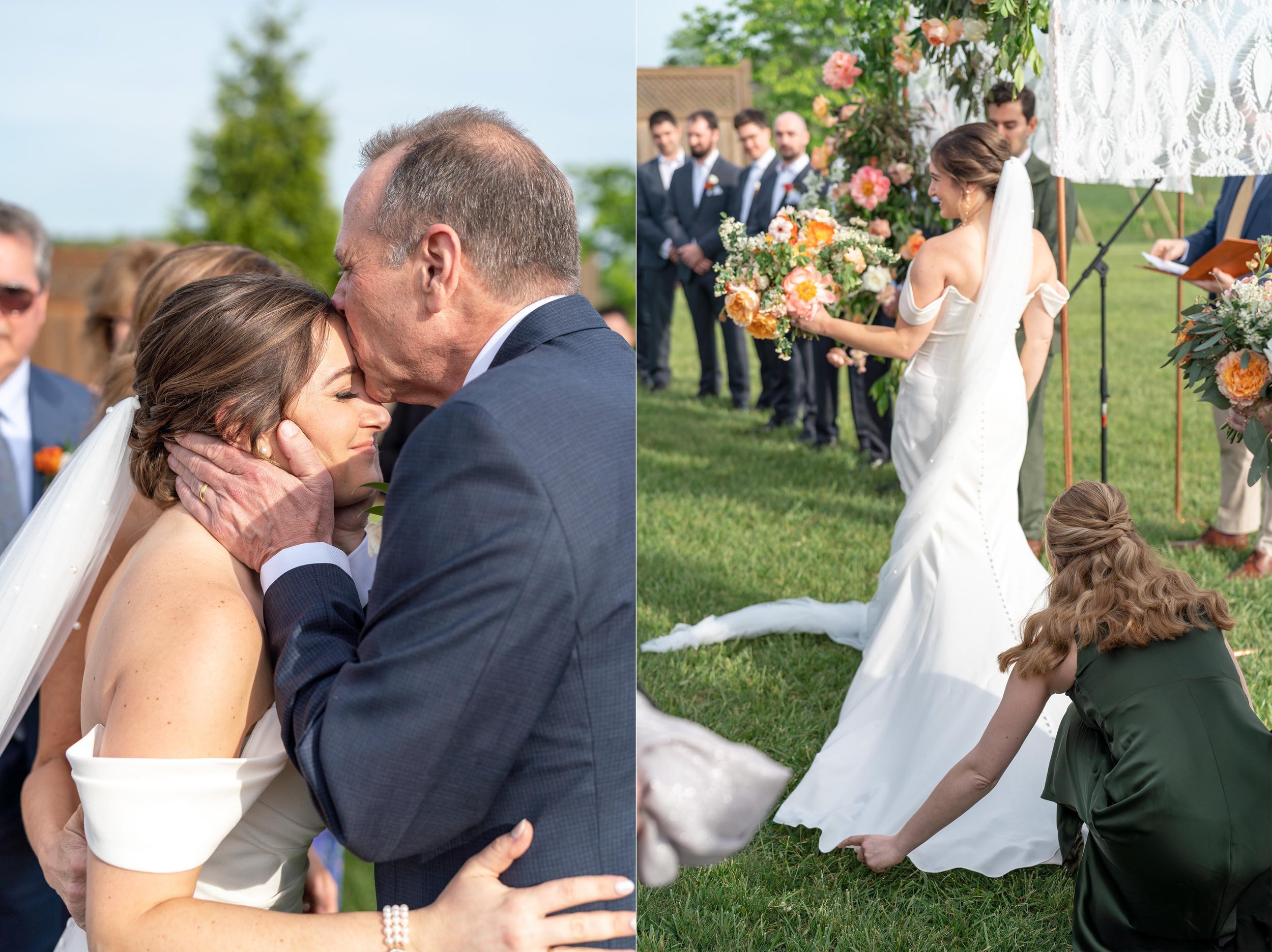 Bride's father kisses her on the forehead and sister fixes her train