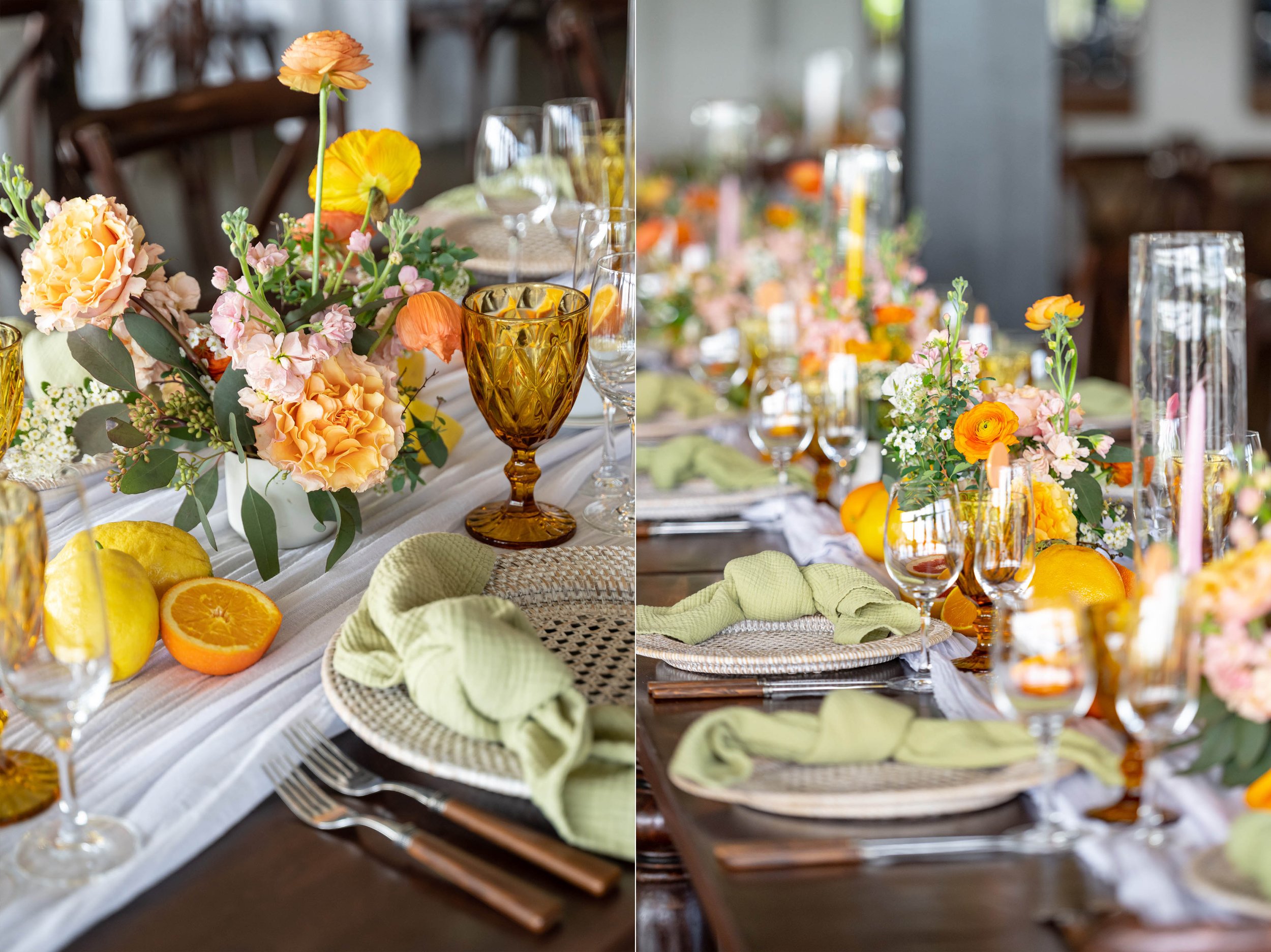 flowers and citrus wedding table centerpiece ideas