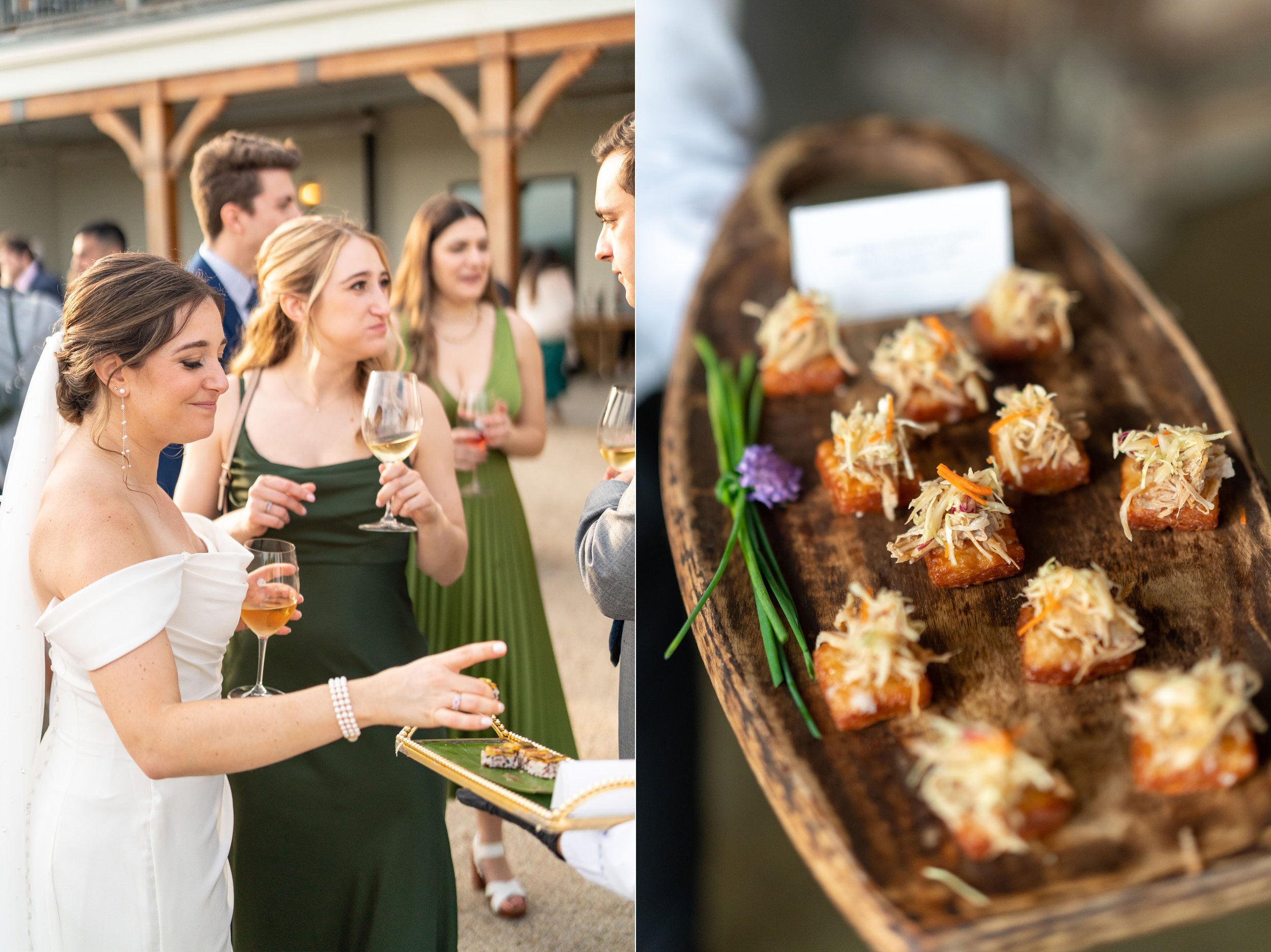 Bride sneaks a bite during cocktail hour with RSVP Catering Co